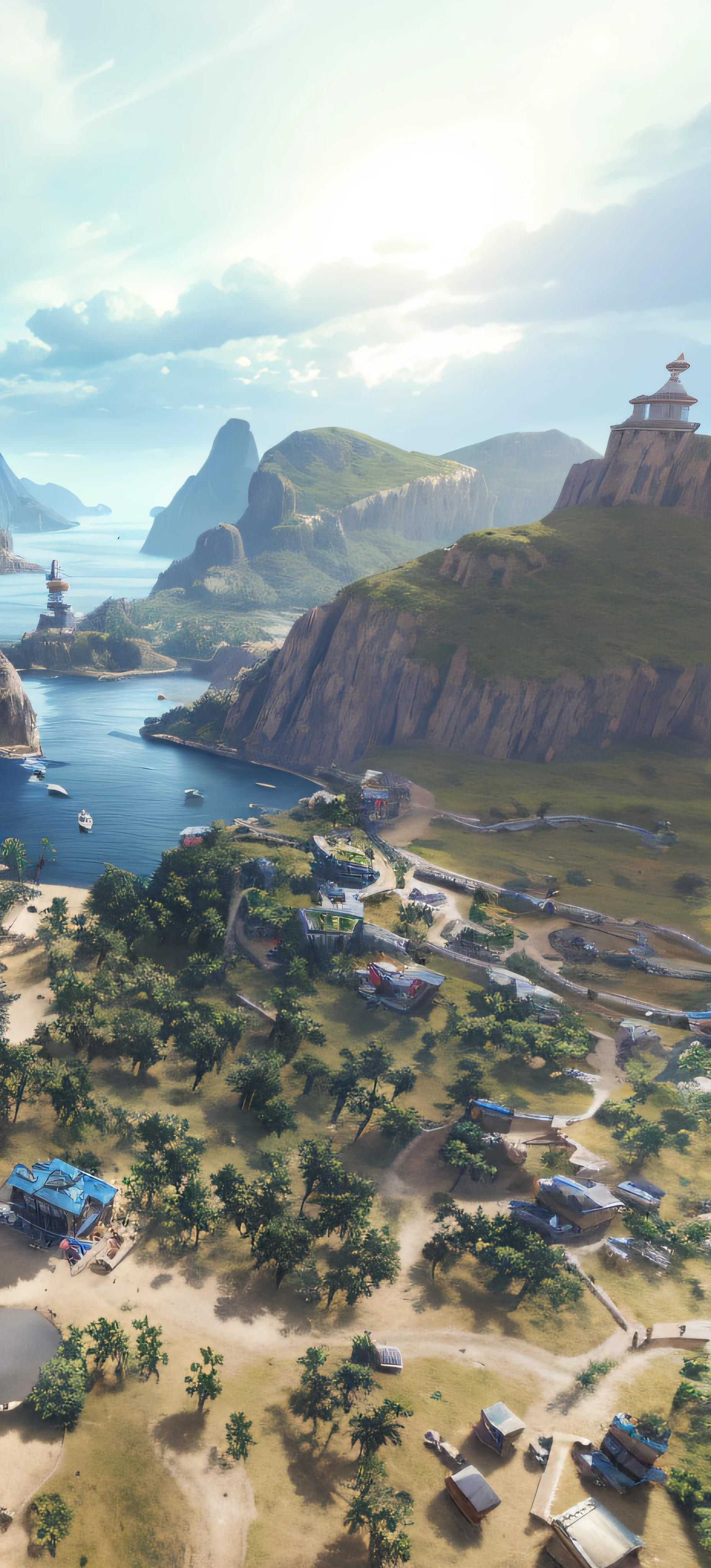 There is a radar station at the top of the hill with a close-up of a lot of dirt, gameplay footage, screenshot from game, Military outpost, gameplay still, warzone background, gameplay, battlefield backround, farcry, gameplay video, in-game footage, in - game footage,The cliff overlooks a body of water, pc screenshot, loadscreen”, The ultra-Realistically, beautiful screenshot, screenshot from game, epic matte painting of an island, immensely detailed scene, high quality screenshot, gameplay still, screengrab, game map matte painting, video game screenshot>, screenshot from game, beautiful high resolution