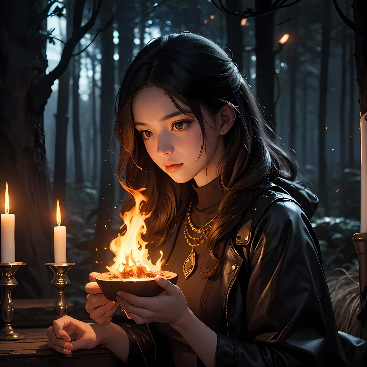 1girl, solo, official art, unity 8k wallpaper, ultra detailed, beautiful and aesthetic, masterpiece, best quality, photorealistic, glowworm, in the wood of (firefly:1.3), bonfire, dark theme --auto