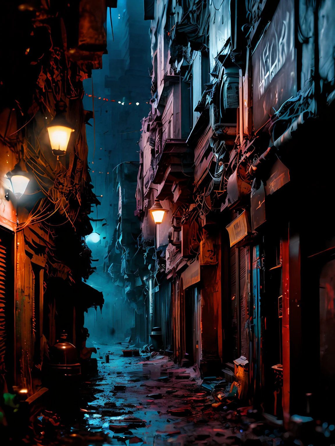 Mysterious city alley, haze, official art, 8k wallpaper unit, ultra detailed, beautiful and aesthetic, beautiful, masterpiece, best quality, RAW, masterpiece, super fine photo, best quality, super high resolution, photorealistic, highly detailed abandoned warehouse, busy background detailed complex, messy, beautiful sharp focus, volumetric fog, 8k uhd, DSLR camera, high quality, Film grain, Photorealism, Lomography, Sprawling metropolis, Nocturne, Gothic, Tim Burton style, Detailed (vibrant, photorealistic, realistic, dramatic, dark, sharp focus, 8K)