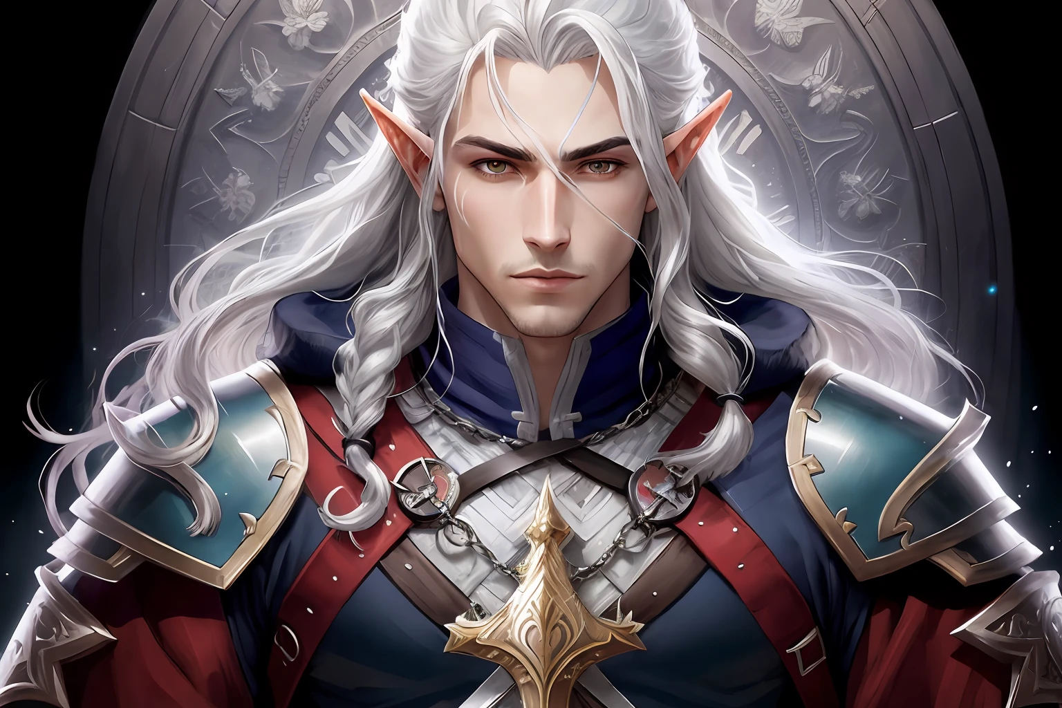 a close up of a person with long hair and a sword, casimir art, fantasy rpg symmetrical portrait, picture of a male cleric, silvery skinned male elf, a portrait of a male elf, detailed anime character art, astri lohne, portrait of fin wildcloak, handsome drow, white haired deity