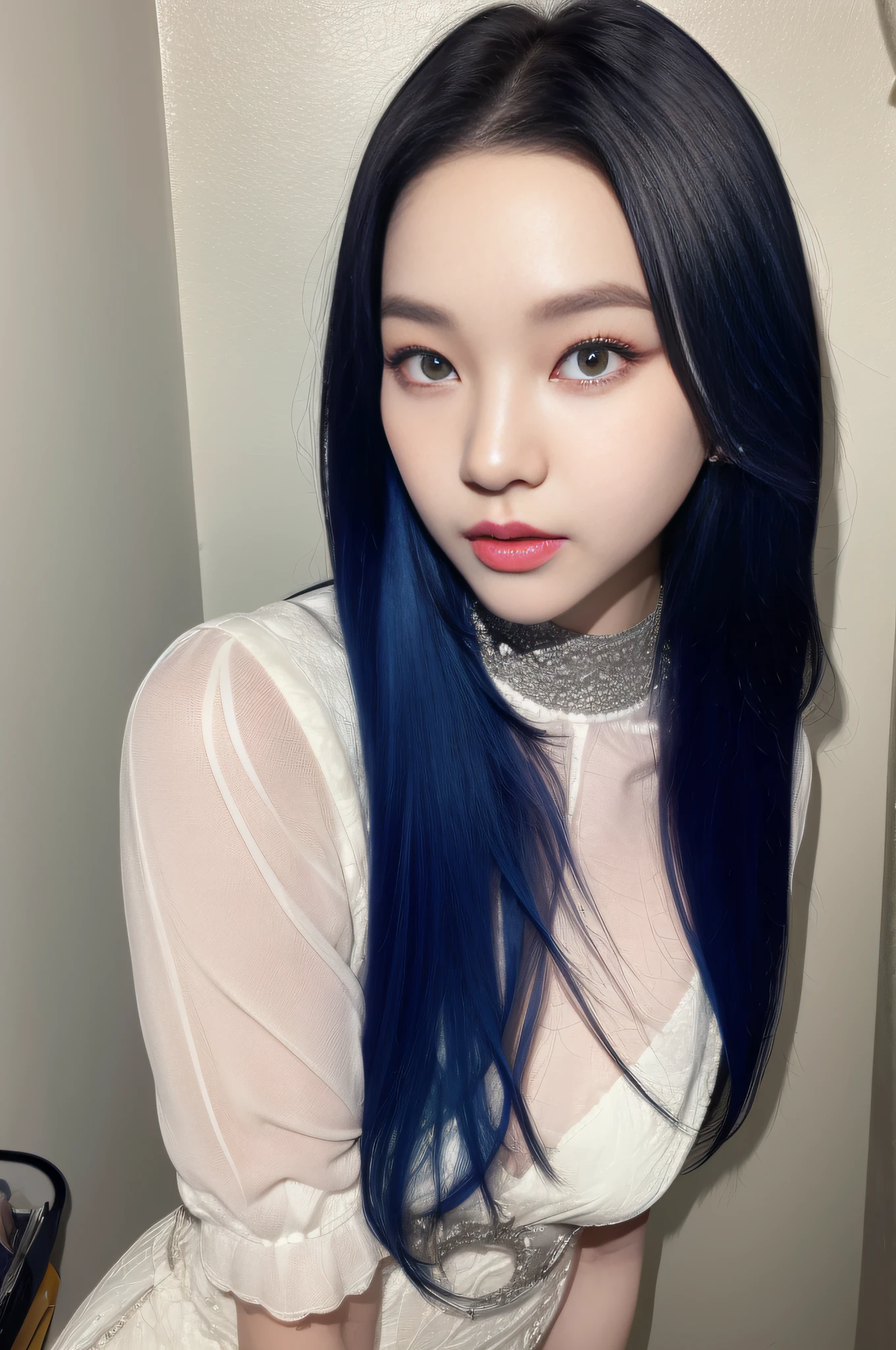 [(ulzzang 1.1:0.1), (pureros:0.1):-0.05], (semi realistic:1.3), (dynamic pose:1.2), (long black hair:1.35), china embroidery silk dress (masterpiece:1.2), (best quality: 1.15), (1girl: 1.2), (solo: 1.2), 1.2), (Korean mixed race, kpop idol: 1.3), (masculinity: 1.25), (angular face: 1.2), (choker +short skiny_outfit vintage white frilly dress: 1.1), (femme fatale: 1.3), (upturned eyes: 1.3), (thick eyebrows: 1.1), (long eyelashes + smoky eyeliner + eyeshadow + red eyeshadow + lip gloss + sexy glitter makeup: 1.1), 35-year-old girl, girl, (depth of field: 1.1), (extreme beauty: 1.3), (extreme beauty: 1.3), (extreme super realistic human skin: 1.3), (Freckles, Flushing, Acne, Fine Lines, Pores, Fine Lines, Skin Tone: 1.12), (Lively, Rough, Dirty: 1.15), (Super Needle Beauty: 1.1) (Full Eyes, Full Face: 1.1), ( Realistic Lighting, Cinematic Lighting: 1.1), (Simple Background: 1.25)