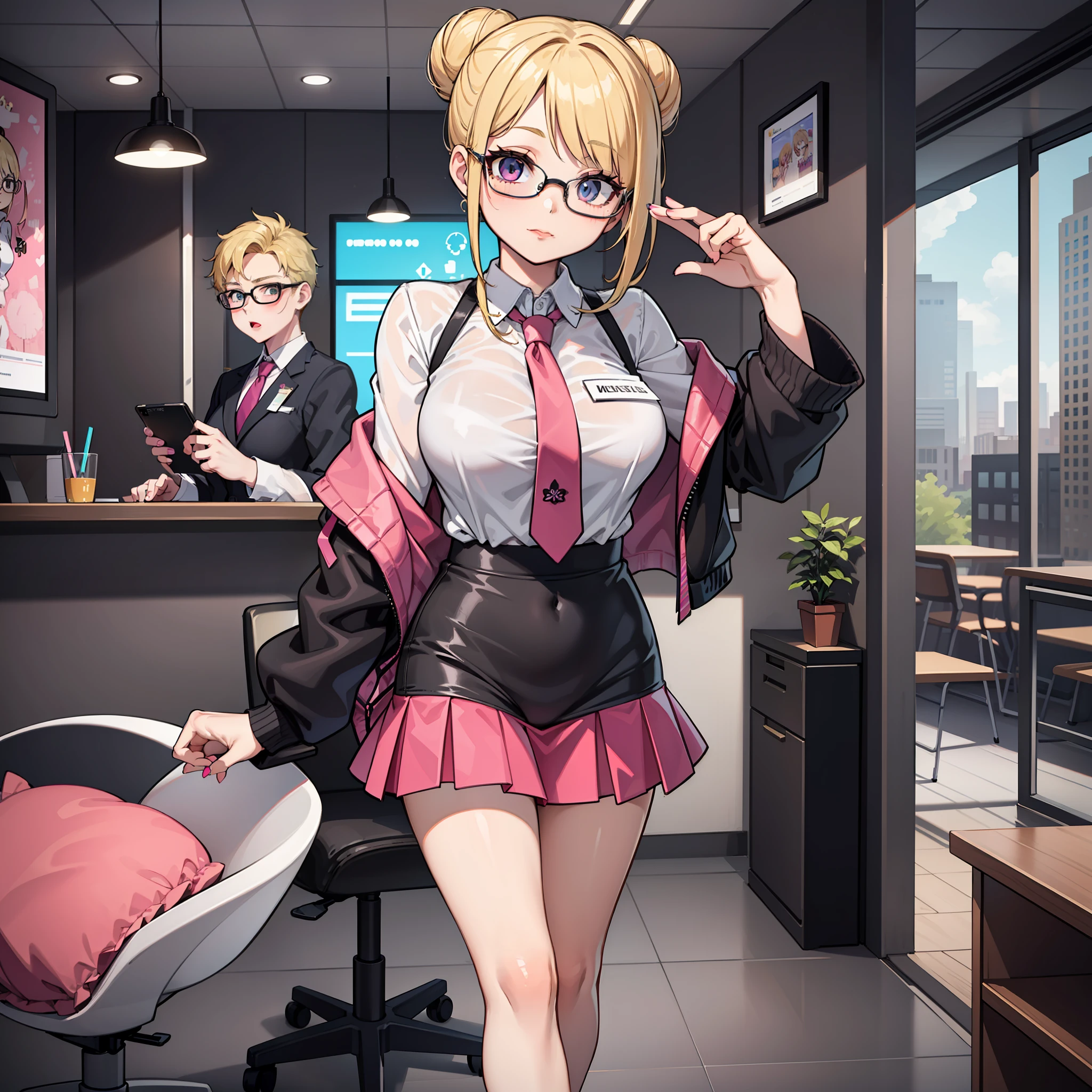 1girl, wearing stylish office attire with a pretty decorated necktie, embodies the barbitecore aesthetic along with a barbie theme. She completes her look with a pink mini skirt and high heels. The vibrant and modern office building forms the backdrop, while her blonde hair is styled in a bun and complemented by oversized glasses.