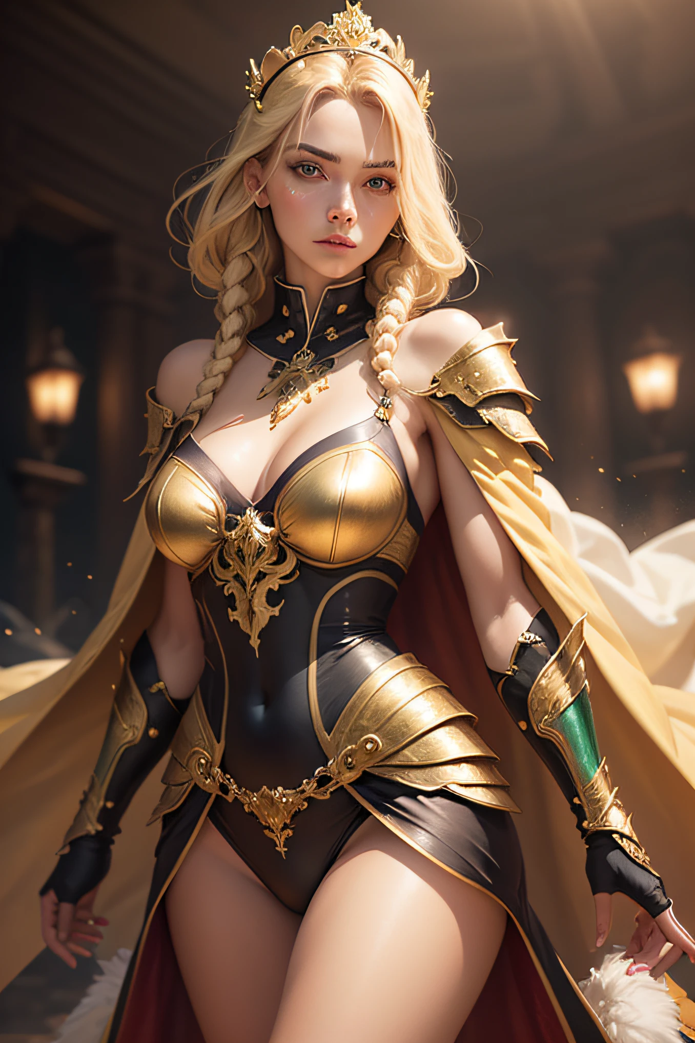 Blonde haired woman with braids, (medieval punk green neckline armor). Bright chrome gold lingerie with sharp reflections. Gems. Bare shoulders. (tiara). Low muscle definition. Beautiful legs. Bare shoulders visible. Detailed lighting. Artwork. Extreme beauty. Clothing with intense colored gradient effect. Professional image with high saturation. Professional camera. Illustration. Vibrant colors. vibrant yellow eyes, thin, fur cape, bright golden eyes, symmetry, intense look, black details on clothes, golden aura