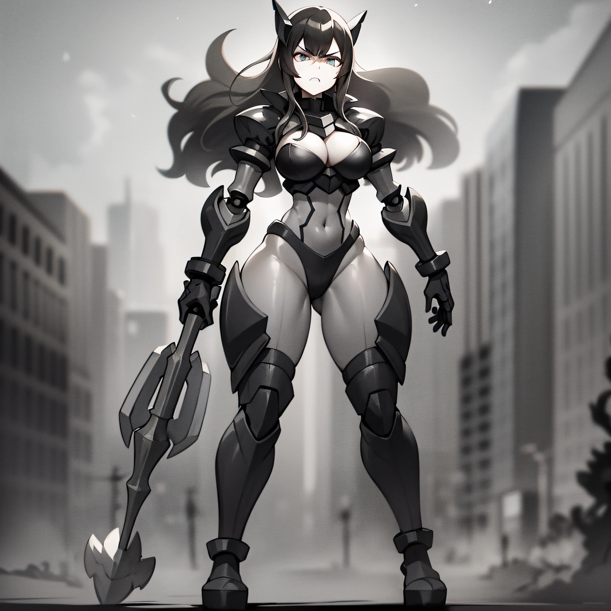 1woman, solo, complete body, robot body!!, monochrome hair, monochrome armor, shirtfront, hombreras negras, black helmet, platform boots, black drones, very angry face!!, walking, big spear!!, (obras maestras, 8k, HDR, extremadamente delicado y hermoso, mejor calidad: 1.2).