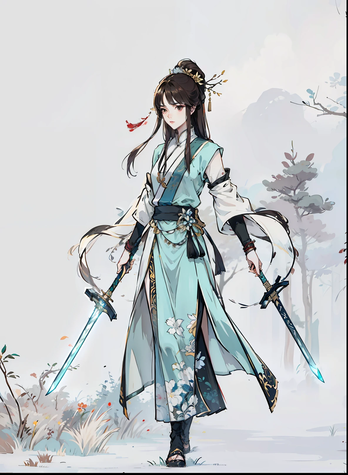 Men, Handsome, Brunette Hair, slong hair, Sword in both hands, in a forest, standing alone,White fog pervades,Ancient Chinese landscape background