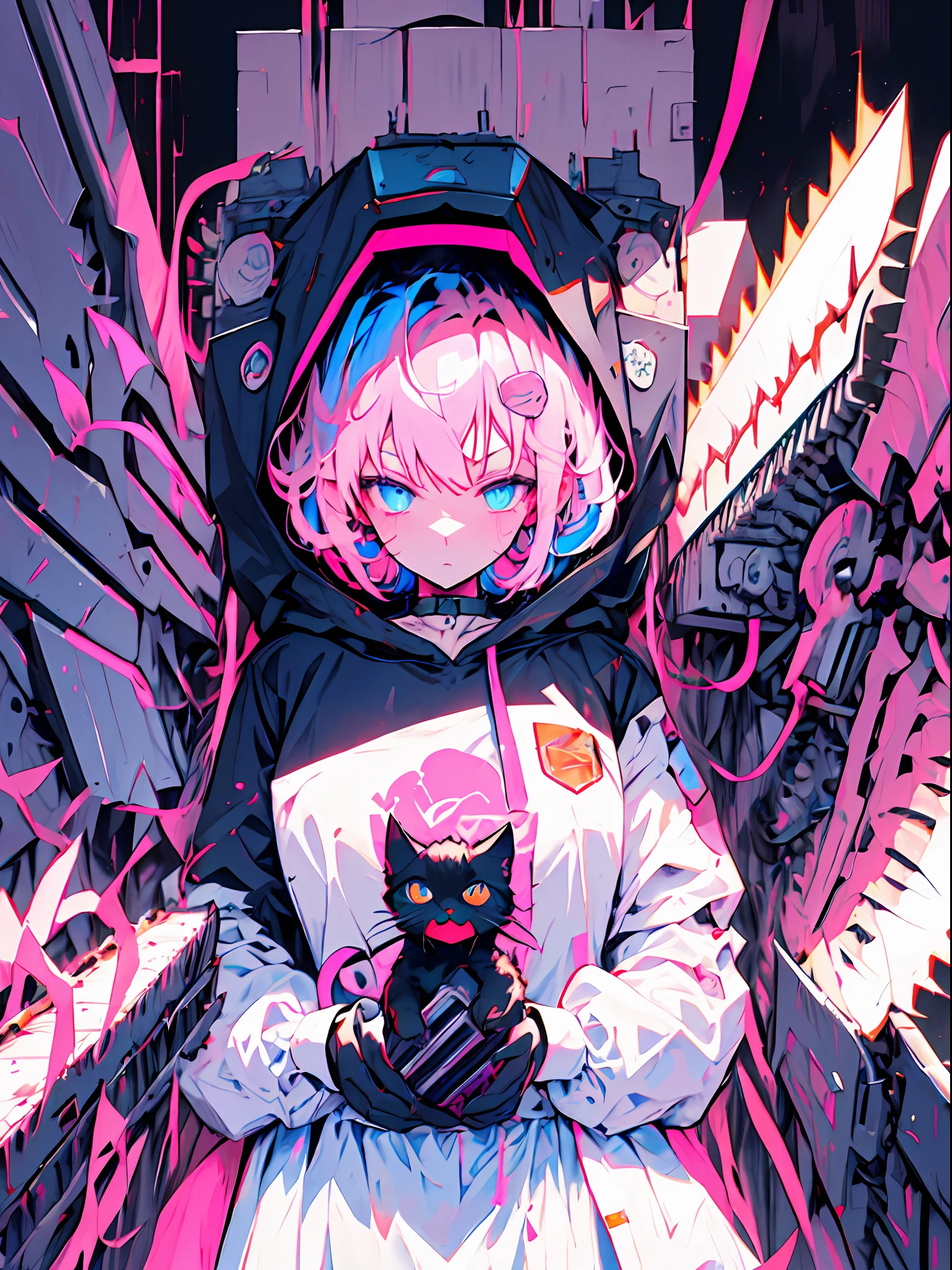 enmaided、Machine Man、Pink hair、Dark atmosphere、glaring、Blue eyes、Black Cat Ear Food、Hiding the machine part with a hood、Have a huge chainsaw