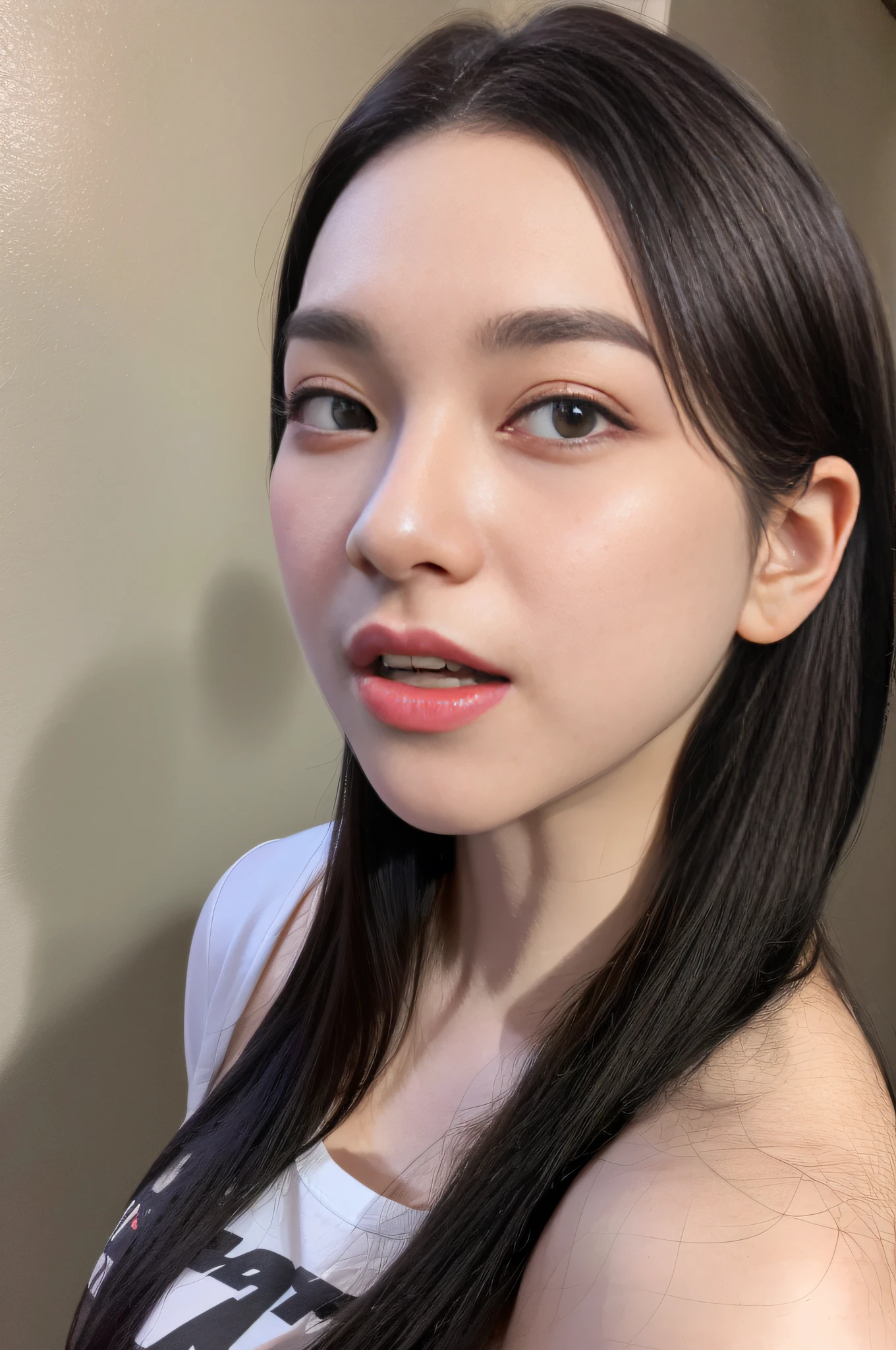 Attire, (Photo Photofidelity: 1.4), (Ultra Realistic: 1.4), (Realistic: 1.3), (Smoother Lighting: 1.05), (Improved Movie Lighting Quality: 0.9), 32K, 1 Girl, 20 Years Old Girl, Realistic Lighting, Backlight, Light on Face, Ray Tracing, (Brightened Light: 1.2), (Improved Quality: 1.4), (Best Quality Realistic Texture Skin: 1.4), Fine Fine Eyes, Fine Fine Face, Fine Eyes, (tiredness and sleepiness satisfaction: 0.0), face close-up, T-shirt, (increase body line mood: 1.1), (increase skin texture: 1.1)