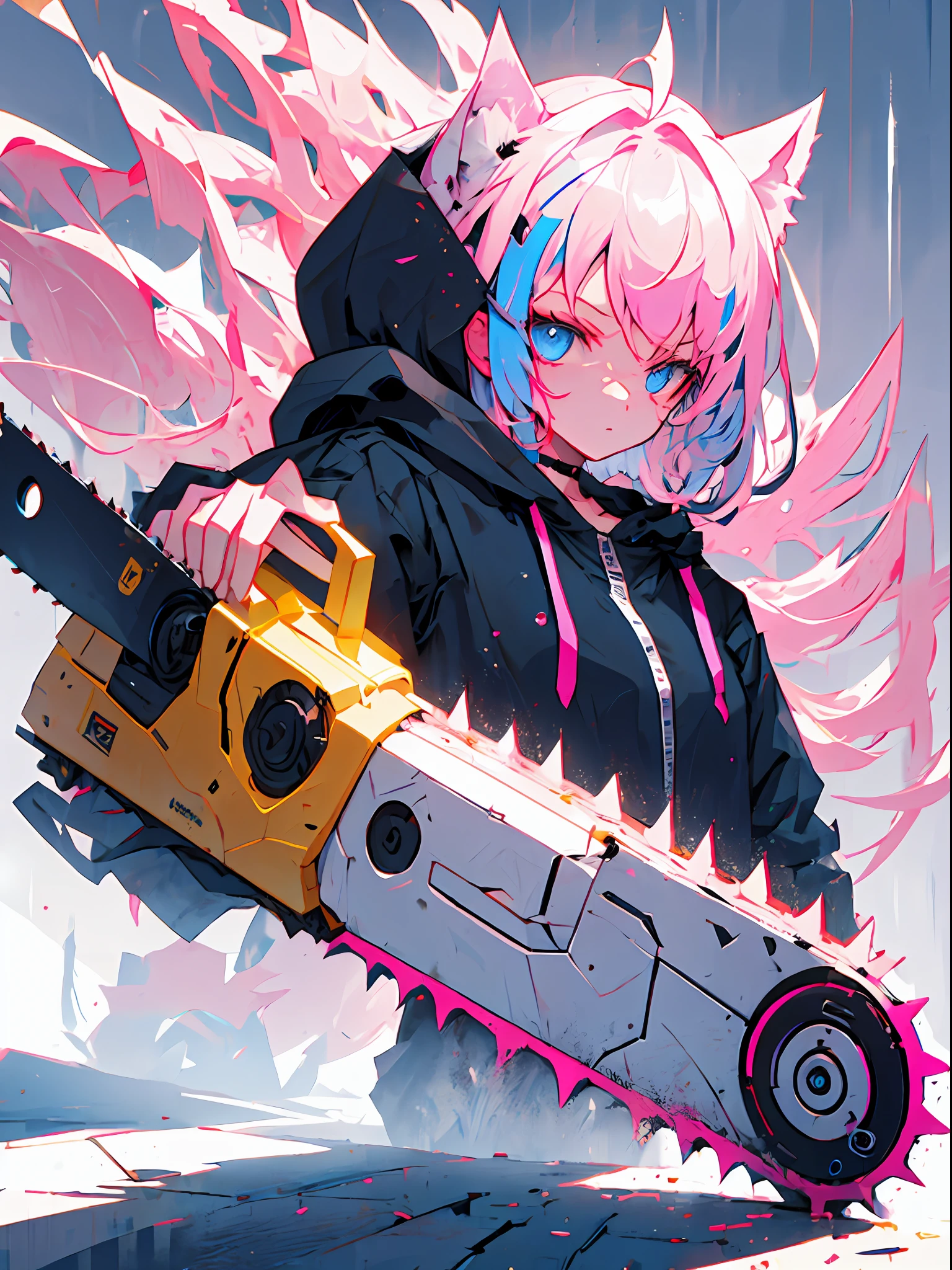 enmaided、Machine Man、Pink hair、Dark atmosphere、glaring、Blue eyes、Black Cat Ear Food、Hiding the machine part with a hood、Have a huge chainsaw