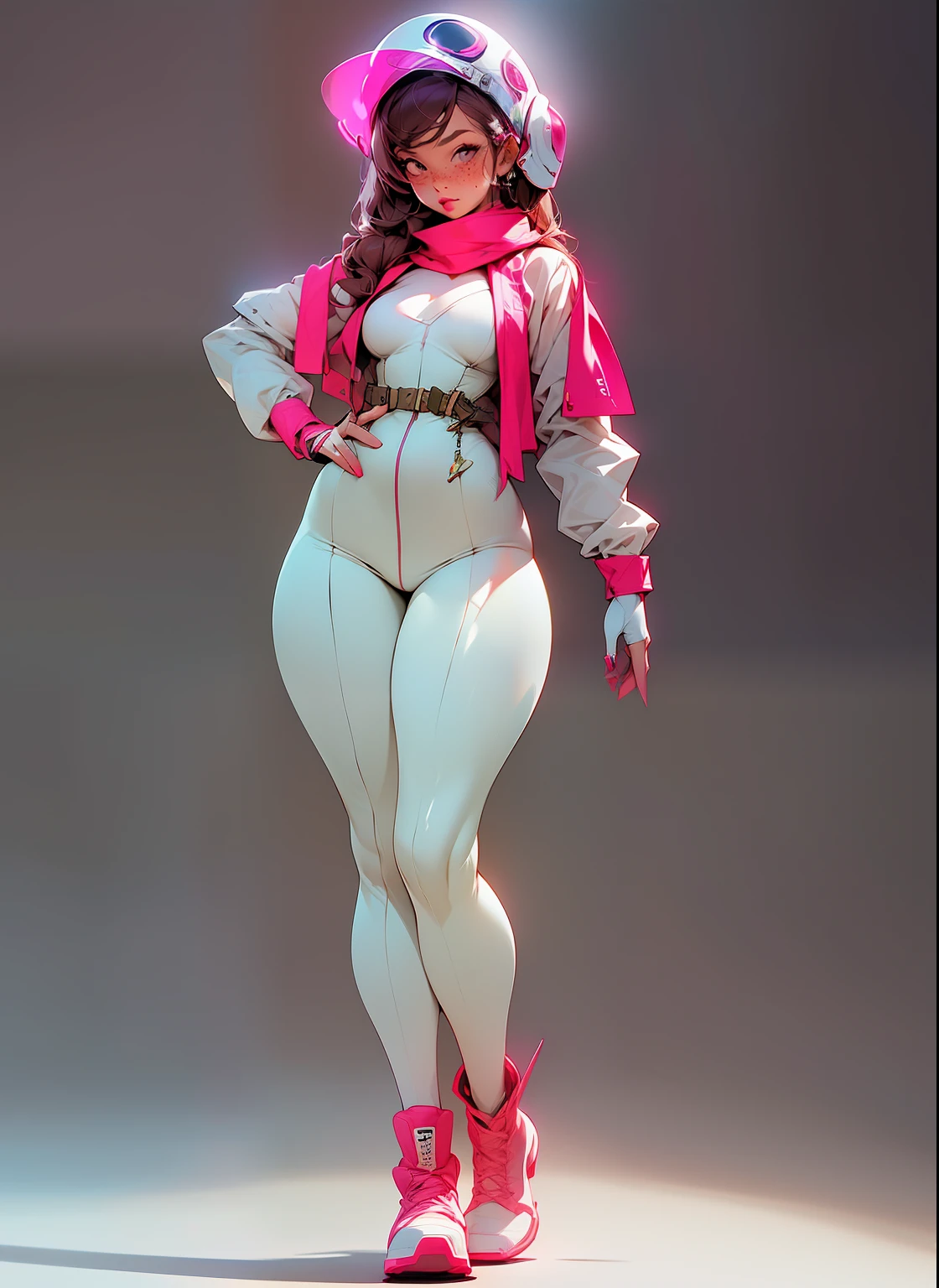 tartan scarf around neck, plaid scarf, (slightly chubby), wide hips, thick thighs, anatomically correct, (head to toe: 2.0), (full body image: 2.0), 1girls, solo, (Casshern: 1.6), extremely stylized, deviant art, masterpiece, highly detailed, bright eyes, detailed eyes, expressive detailed eyes, wide eyed, detailed pupils, futuristic, ((1950s scifi helmet)), ((pointy helmet)), Rubber Gloss, white pants, blush, (white rubber skinsuit:1.4), white boots, blush, small breasts, ((nipping out:1.4)), (((nipping out))), lots of freckles, super textured detailed skin, entire body image, full body shot, nvinkpunk, professional photograph of alexander_skarsgard, pistol, action pose