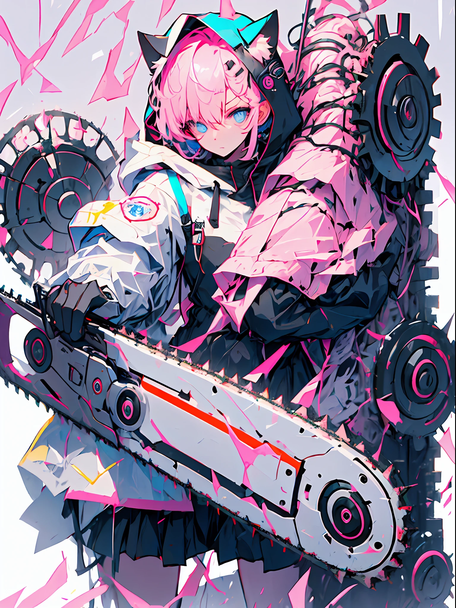 enmaided、Machine Man、Pink hair、Dark atmosphere、glaring、Blue eyes、Black Cat Ear Food、Hiding the machine part with a hood、Have a huge chainsaw