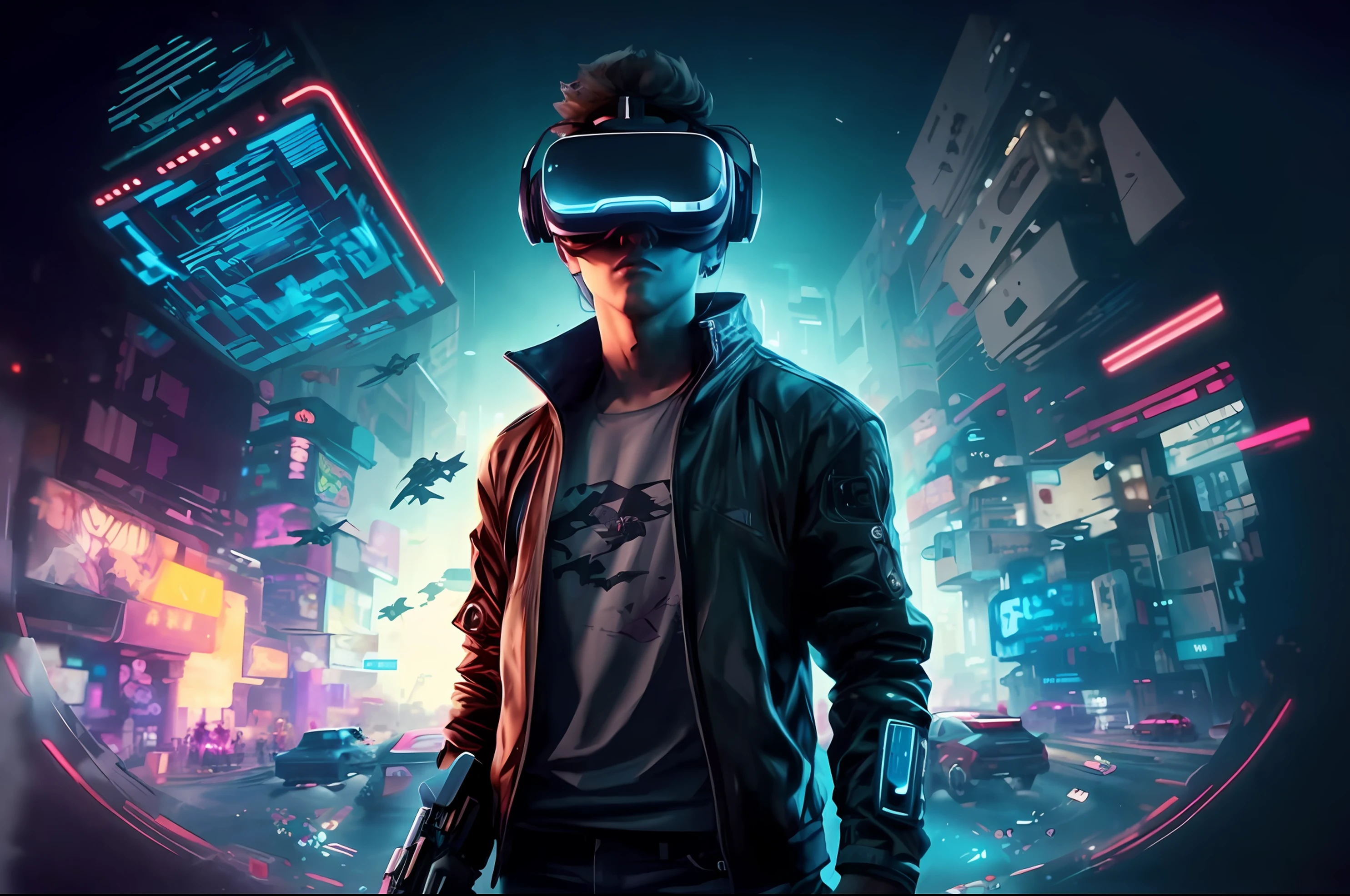 a man in a black jacket and glasses stands in front of a futuristic city, vr game, cyberpunk vibe, cyberpunk vibes, deeper into the metaverse we go, has cyberpunk style, cyberpunk theme, in cyber punk 2077, cyberpunk futuristic, cyberpunk future, synthwave, wearing cyberpunk streetwear, futuristic cyberpunk, cyberpunk tech, retro cyberpunk, synthwave style