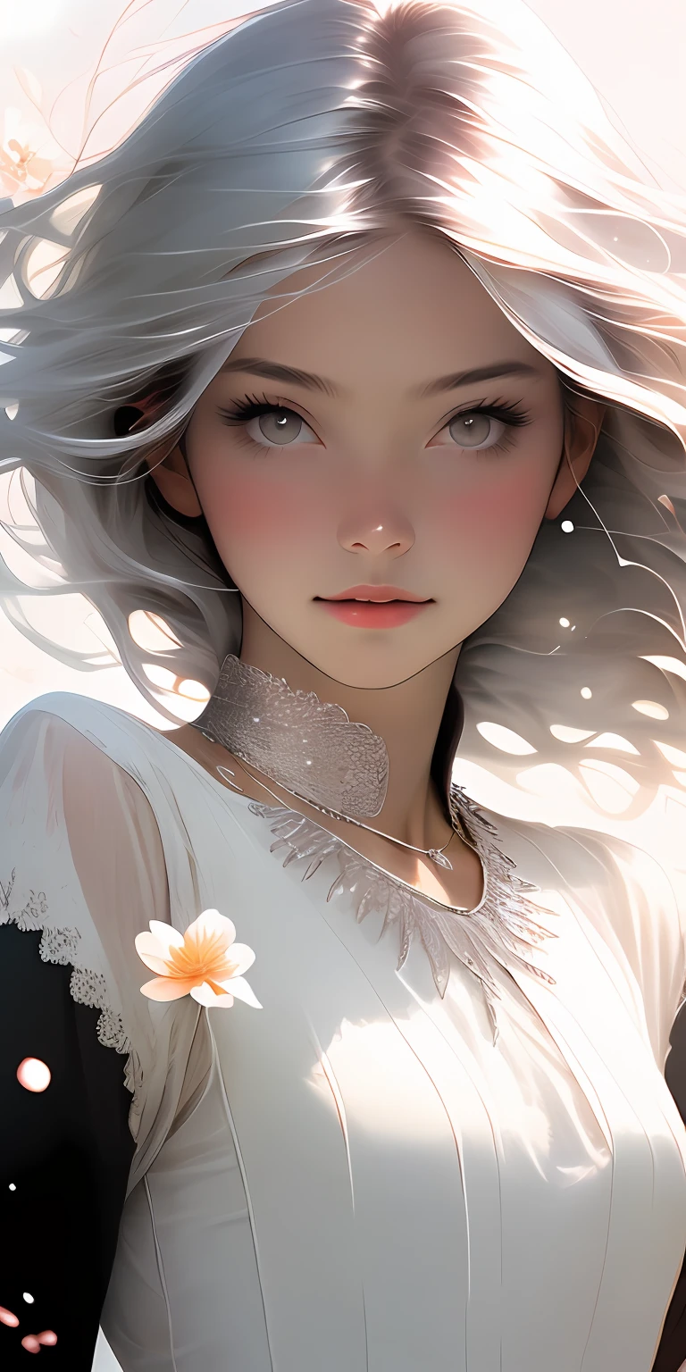 (best quality, masterpiece), 1 girl, pose, particle, wind, flower, upper body, simple background, look at the viewer, focus on face, silver hair, silver eyes, necklace, loose hair, white dress, white pupils