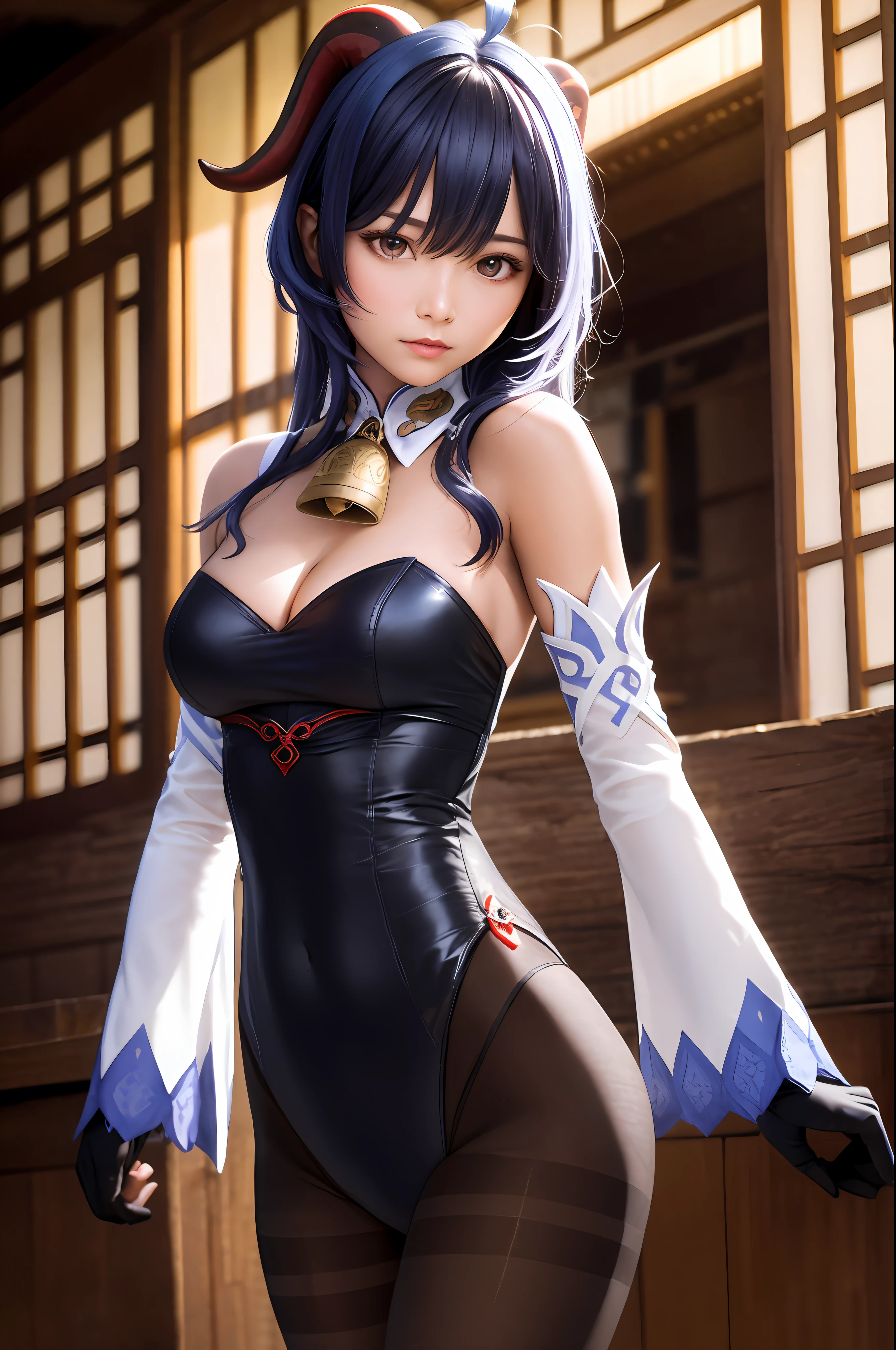 masterpiece, (photorealistic:1.5), best quality, beautiful lighting, real life,
ganyu \(genshin impact\), 1girl, ahoge, architecture, bangs, bare shoulders, bell, black gloves, black pantyhose, (blue hair), blush, breasts, chinese knot, detached sleeves, east asian architecture, flower knot, gloves, horns, long hair, looking at viewer, medium breasts, neck bell, night, outdoors, pantyhose, purple eyes, sidelocks, solo, tassel, white sleeves, (ulzzang-6500:0.5)
, intricate, high detail, sharp focus, dramatic, beautiful girl , (RAW photo, 8k uhd, film grain), caustics, subsurface scattering, reflections