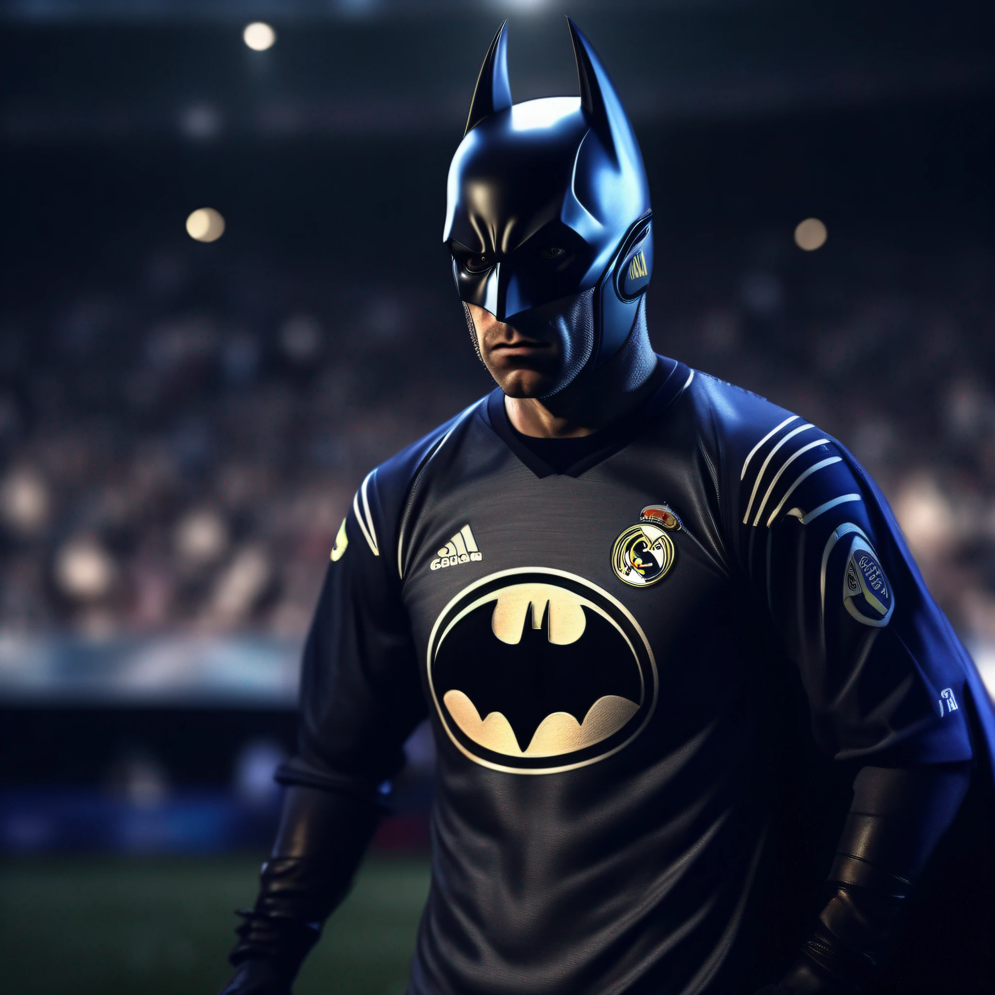 portrait of batman as a soccer player, with the real madrid shirt, 8k, cinematic light