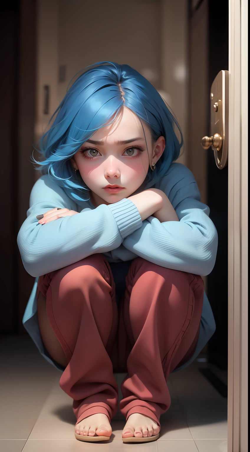 (Raw foto, Best quality, Masterpiece x1.2), (Lifelike, Photo realistic x1.4), (Masterpiece x1.4), (Best quality x1.4), 1 girl, 独奏, Showing a frightened expression, Blue hair, blue sweater, Denim pants, crouching behind the door, protruding his head to look out, Serious expression, (Shiny skin), realperson