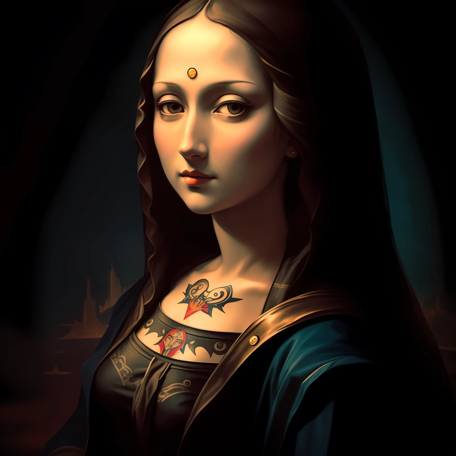 "Create a bold interpretation of Monalisa with tattoos on her arm that represent her modern personality, with elements such as music symbols, Contemporary art and pop culture references.” --auto