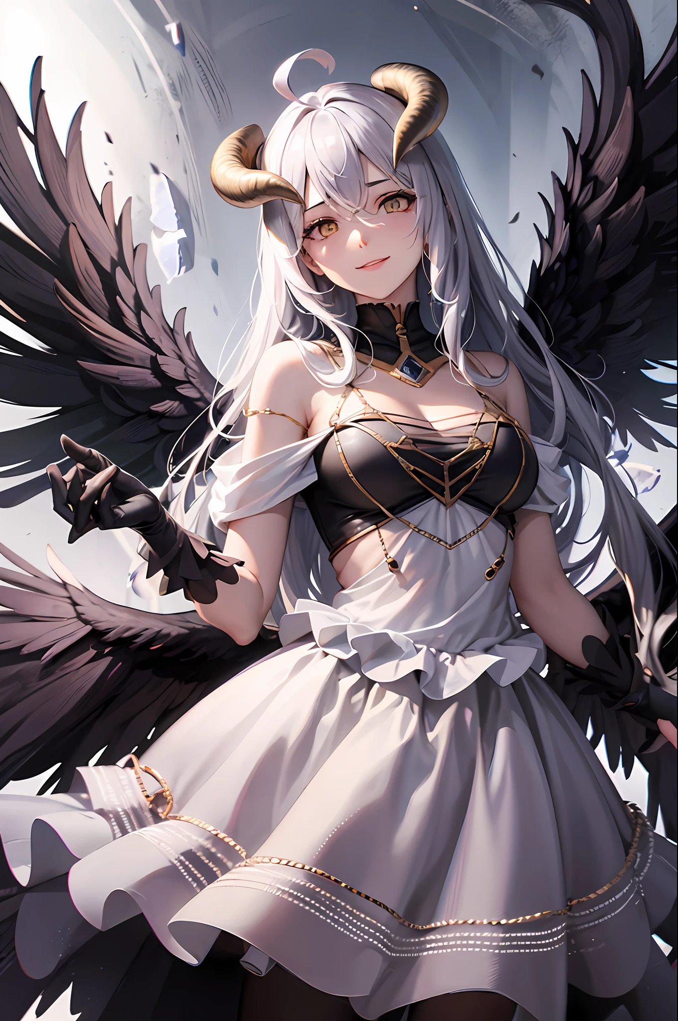 Meisterwerk, best qualit, high res, al1, demon horns, geschlitzte Pupillen, white gloves, white dress, nackte Schultern, Abnehmbarer Kragen, Spaltung, black wings, feathered wings, low wings, Cowboy erschossen, stehend, Verlies, evil smile, Die Hand ausstrecken, Ausgebreitete Arme, ausgestreckte Arme,