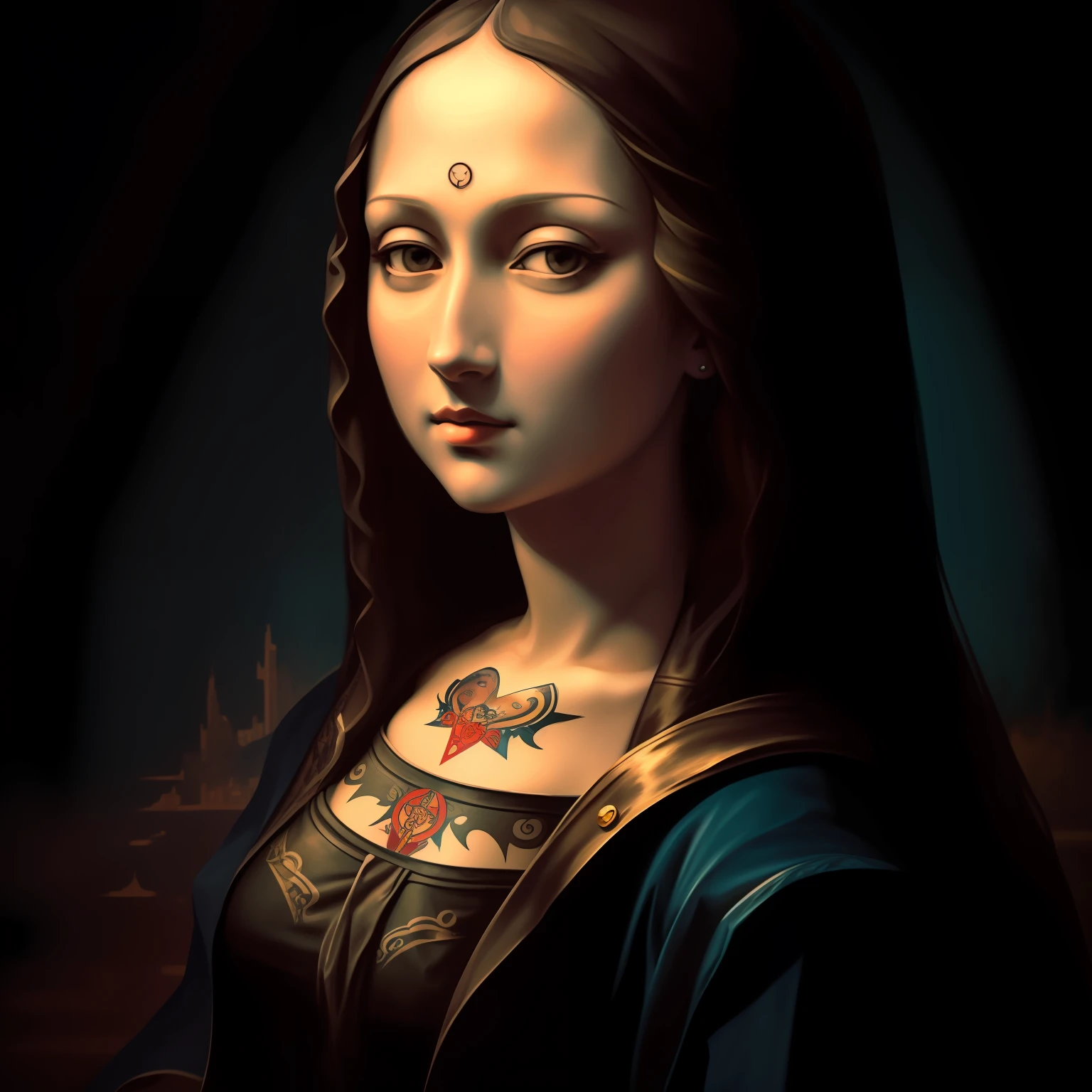 "Create a bold interpretation of Monalisa with tattoos on her arm that represent her modern personality, with elements such as music symbols, Contemporary art and pop culture references.” --auto