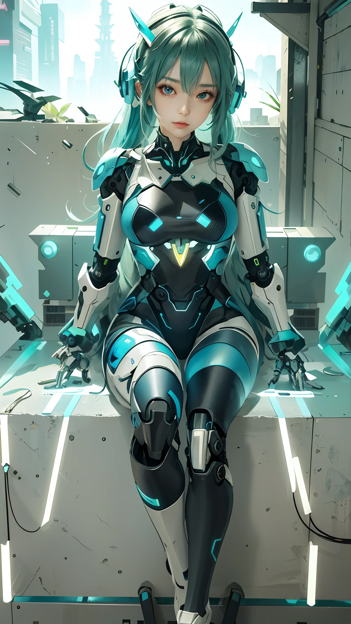 Green and blue gradient mech，Anime girl sitting on table，Wear a futuristic suit, cyberpunk anime girl mech, perfect anime cyborg woman, cute cyborg girl, digital cyberpunk - anime art，