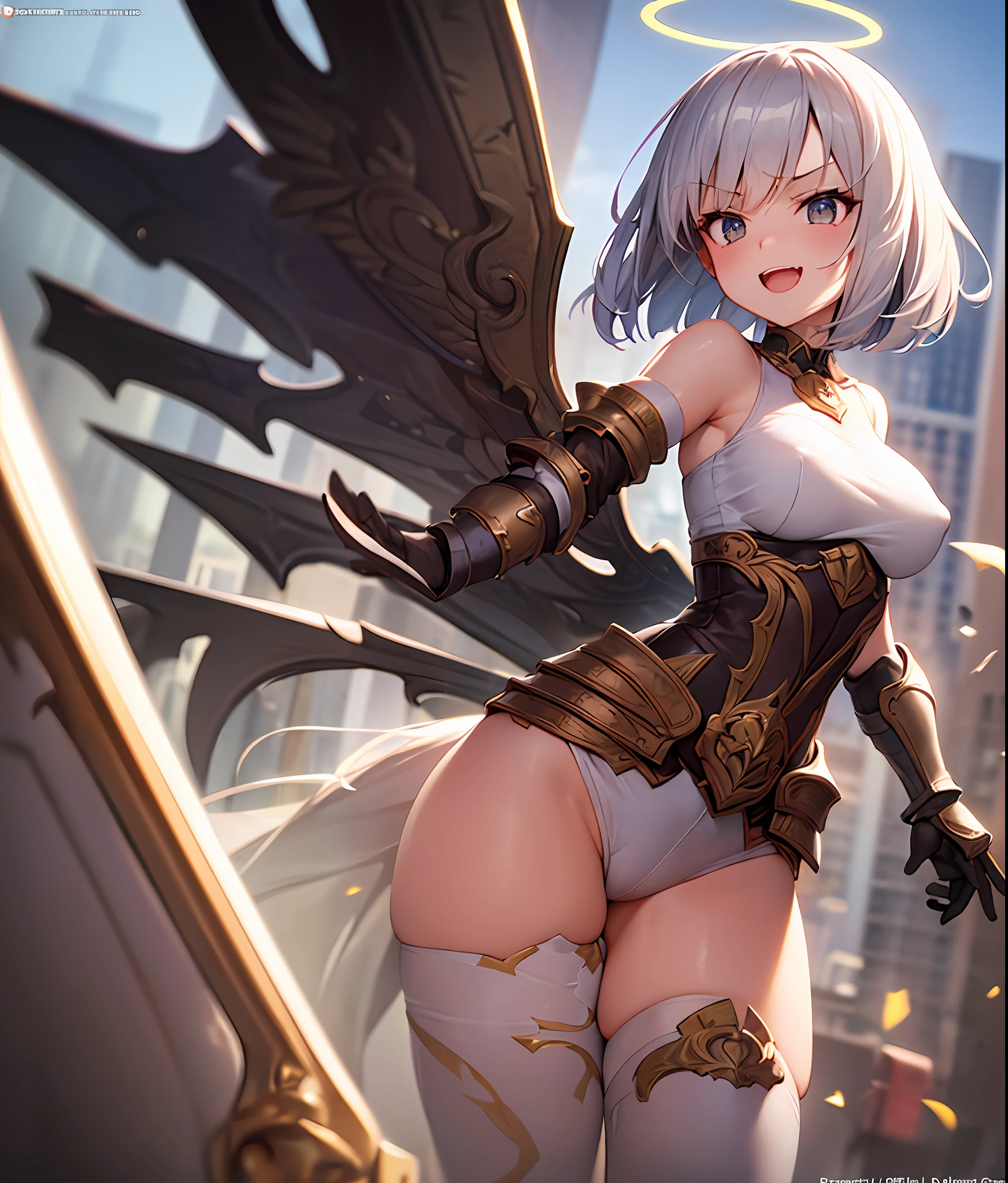 fantasy, 1angel_girl,child, loli,dark_color_hair, medium_bob_hair, long_bangs, halo,bare_shoulder,thighhighs,silver_armor, waist_armor, large_breasts,angry,smile,open_mouth1pair_wings, dynamic_ pose_fighting,floating, bare_crotch, covered_nipples, covered_pussy,headgear,gauntlet, greaves, pelvic_curtain, city_sky_background,slightly_spread_legs, solo, groin_naked,(masterpiece, best quality, best quality, official art, beautiful and aesthetic:1.2), (1 girl), very detailed,