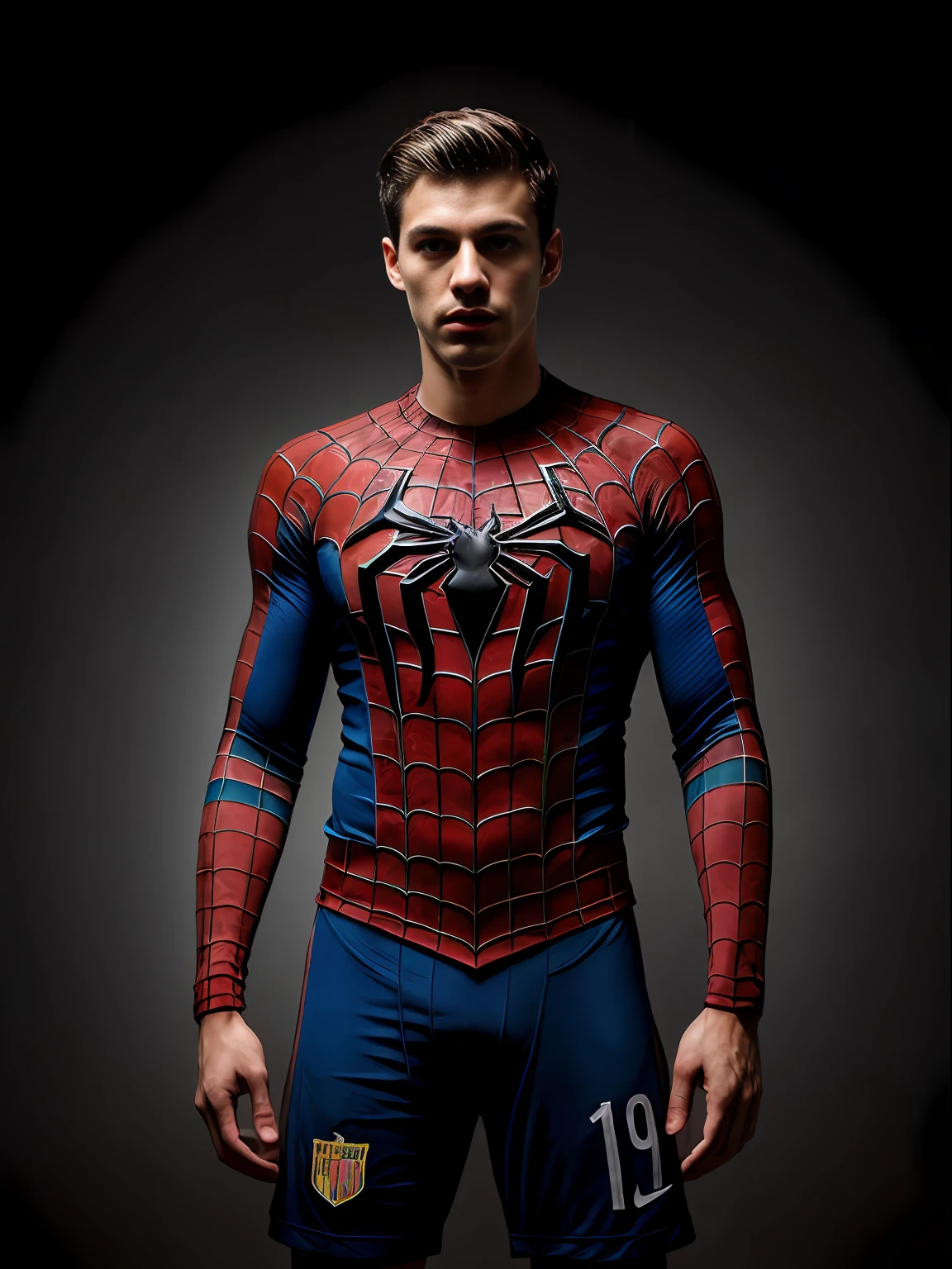 (masterpiece), (best quality), (ultra detailed), football soccer jersey with the spiderman, noise, extra, real photo, PSD, lamp film photography, sharp focus, contrast lighting, detailed skin, high resolution 8k, crazy detail, realistic, professional photography, 8k UHD, SLR camera, soft lighting, high quality, film grain, Fujifilm XT3