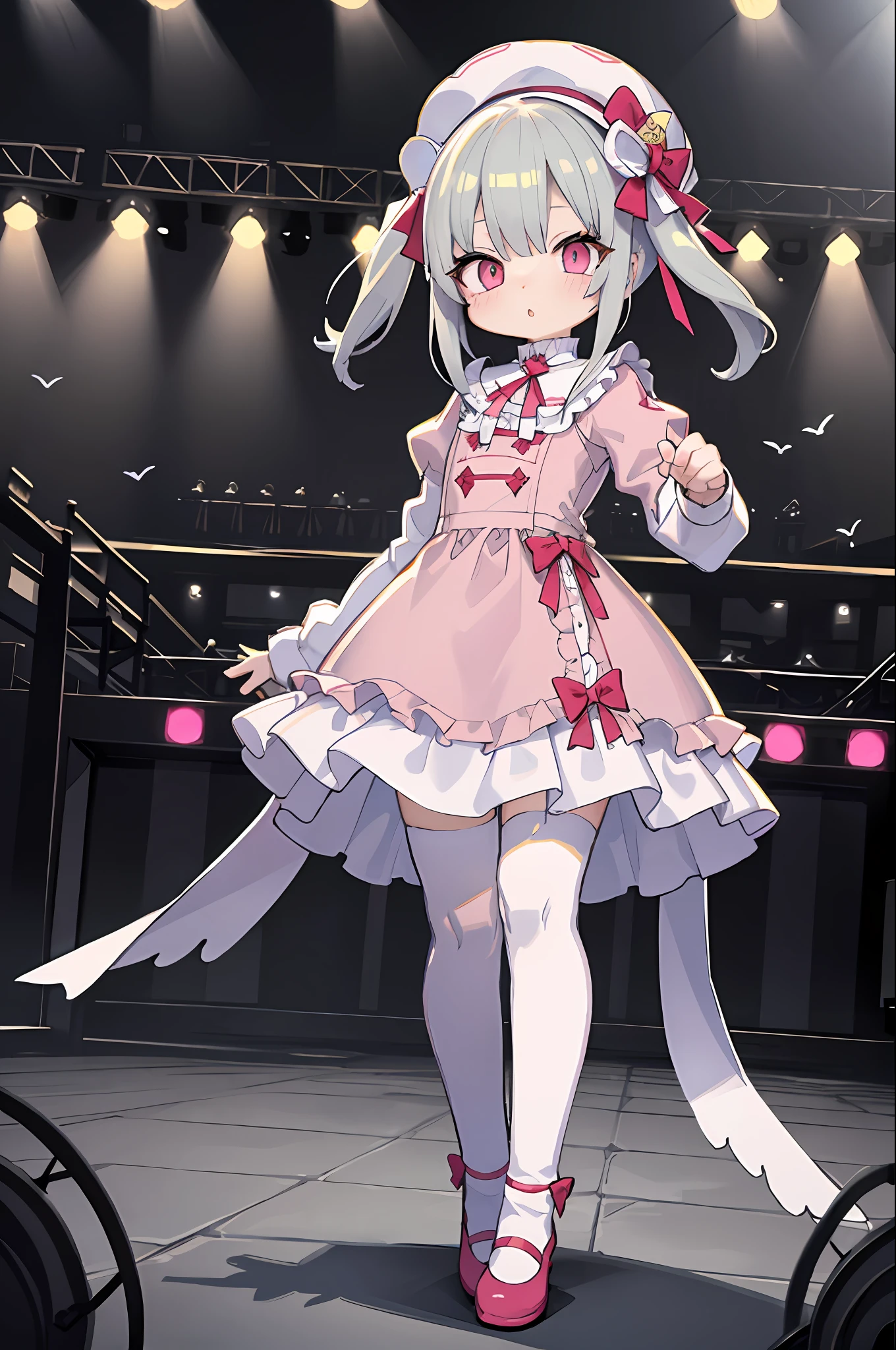「Cute pink riding a beautiful girl with a white bird on the stage，Wearing a pink ta dress，Wearing a white hat，Eyes red，Full body standing painting。In the idyllic landscape, youthful and energetic，Moe Moe！+Game art+Performances on stage」。