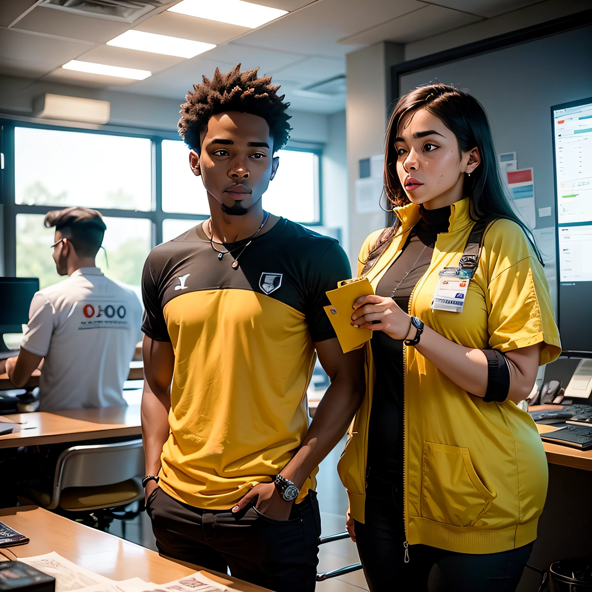 Gerar uma imagem que represente jovens talentos negros e latinos, brasileiros  capacitados trabalhando em equipe, com uma atmosfera profissional e motivadora. The image should convey the concept of inclusion, diversidade e crescimento profissional. Pode incluir elementos como pessoas interagindo, modern work environment and symbols that represent learning and development. Be creative and prioritize a vibrant and inspiring aesthetic --auto