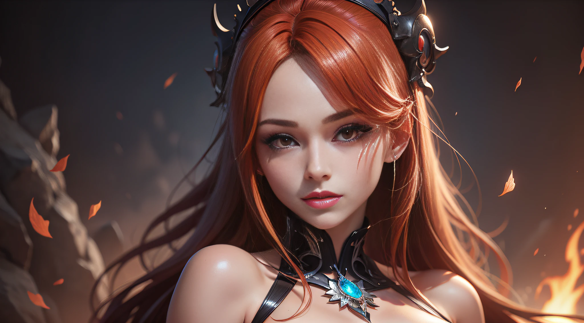 Il y a une femme rousse en armure noire dans un volcan, Scarlet red eyes, rouge, rouge, rouge, flamme, flamme, flamme, Tendances sur CGstation, 8k high quality detailed art, 2. 5 d CGI Anime Fantasy Artwork, seductive anime girl, fanart meilleure artstation, 3 D Rendu Personnage Art 8 K, WLOP Peau brillante, Extremely detailed artgerm, WLOP et Artgerm, beautiful alluring anime woman