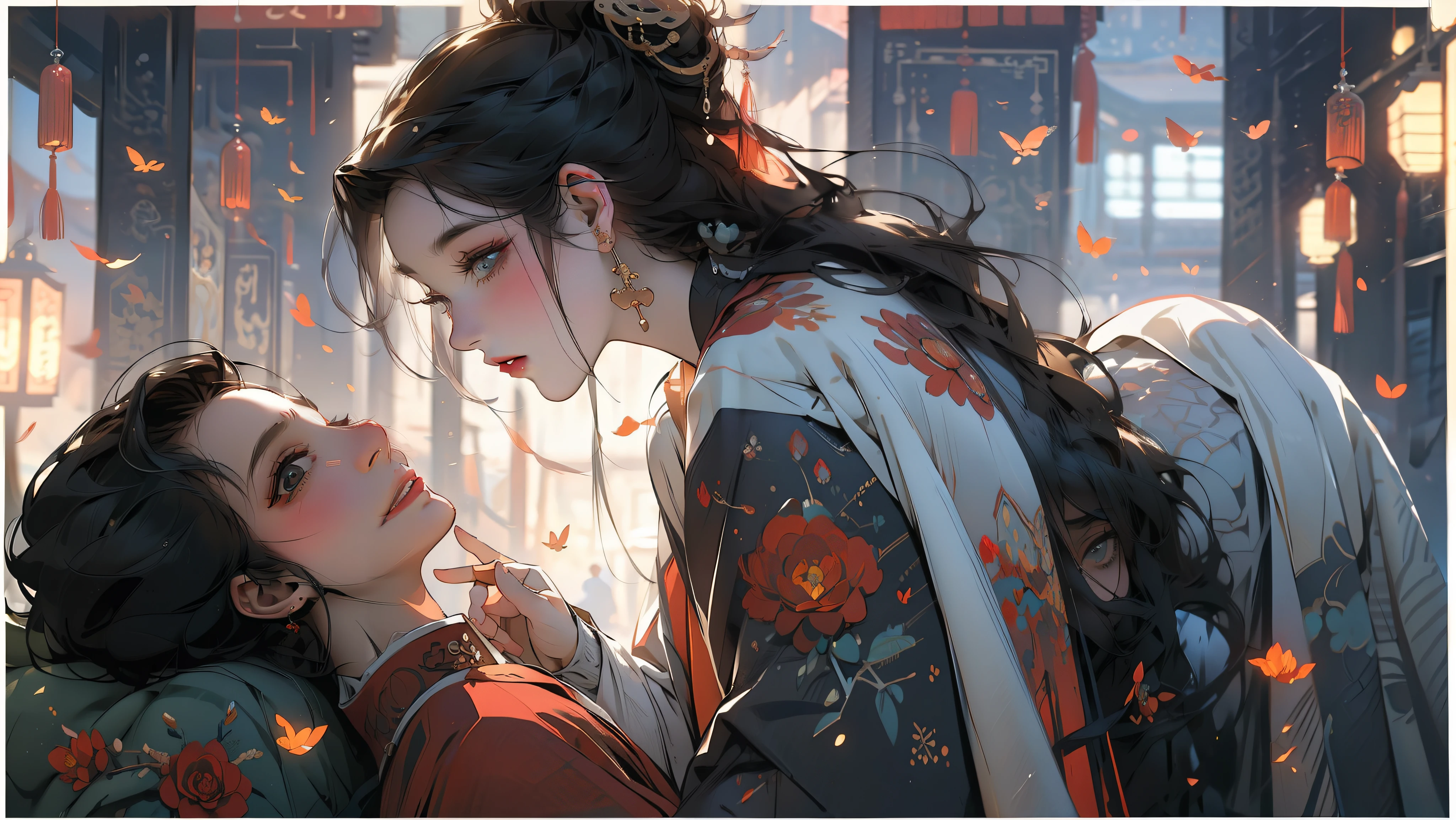 The two looked at each other,Side face,A man and a woman,The girl presses down the boy,two-dimensional,Smooth hair,best qualiy,master-piece,hyper detailed,Extreme detail,8k壁紙,Realistic details,Cinematic Lights,dynamicangle,World Mastery Theatre,best qualiy,Extremely delicate,Perfect face,exquisite facial features,The Perfect Hand,Delicate lashes,exquisite eyes,Ancient Chinese hairstyle,Red lanterns,the golden ratio,Melancholy expression,grin,rose petals,Light and shadow tracking,