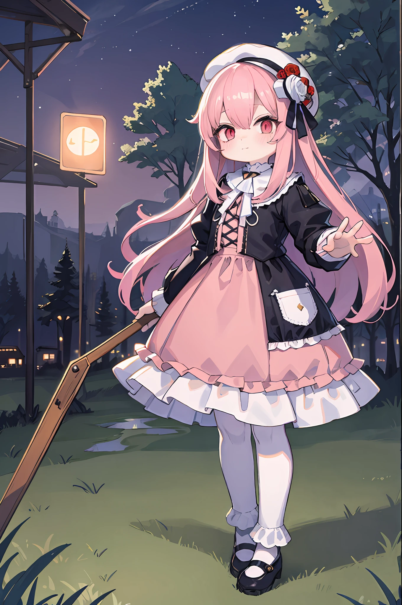 "Shiratori beautiful girl on stage，Wearing a pink Lolita dress，Wearing a white hat，Charming and lovely in the idyllic landscape，Moe Moe！"Pink hair, Red eyes