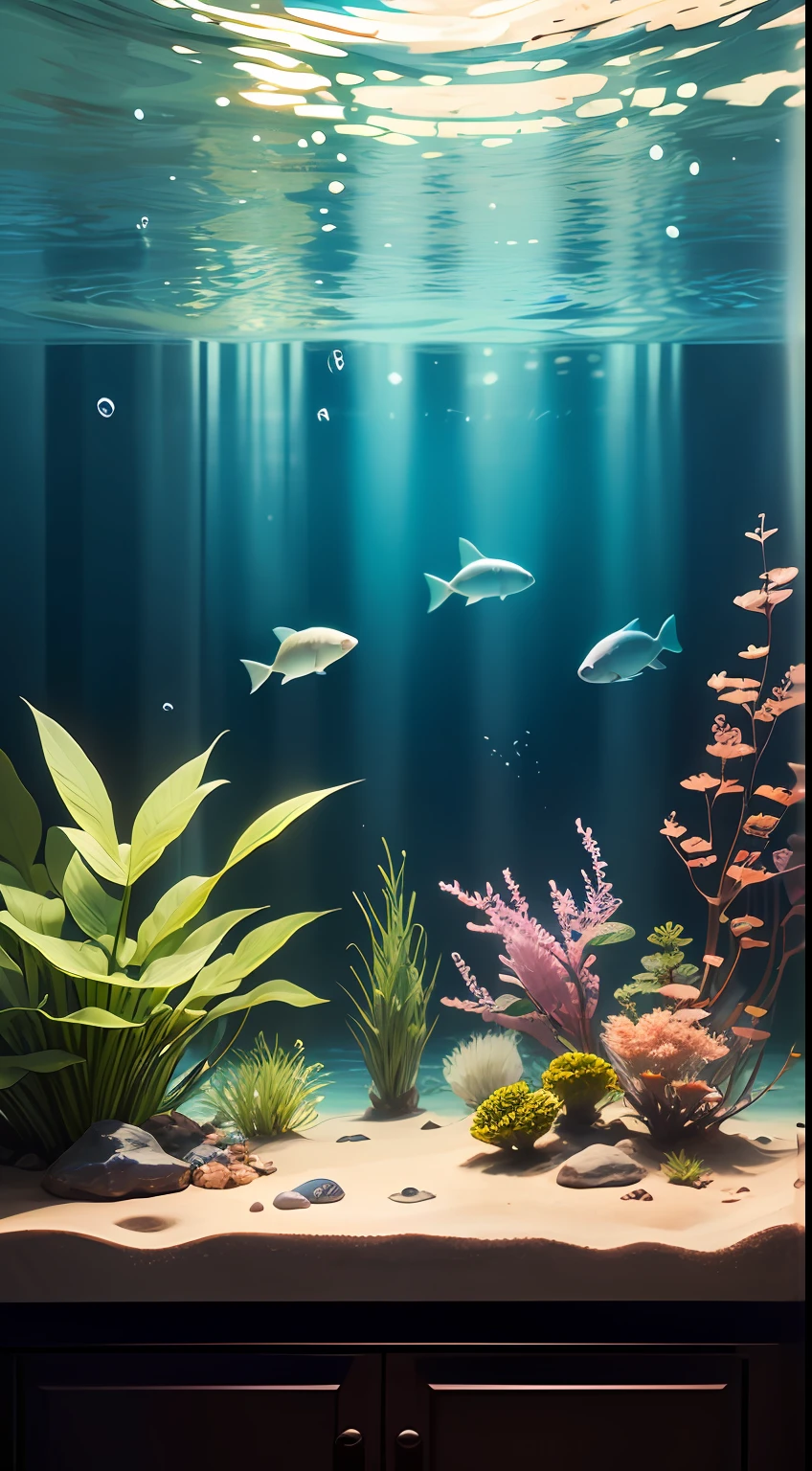 Aquarium,seas,Realism,highdetailed,Detail Enhancement,simple,A little aquatic weed,Fluctuating water surface,corrugation