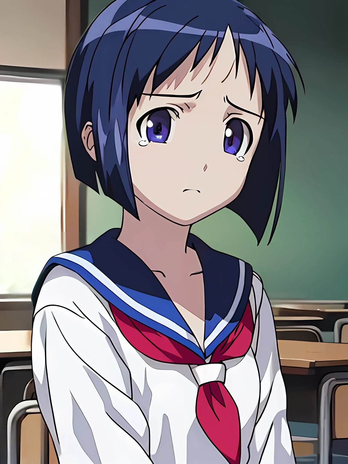 (exceptional, best aesthetic, new, newest, best quality, masterpiece, extremely detailed), 1girl, solo, maeharashinobu, sad, crying, serafuku, classroom