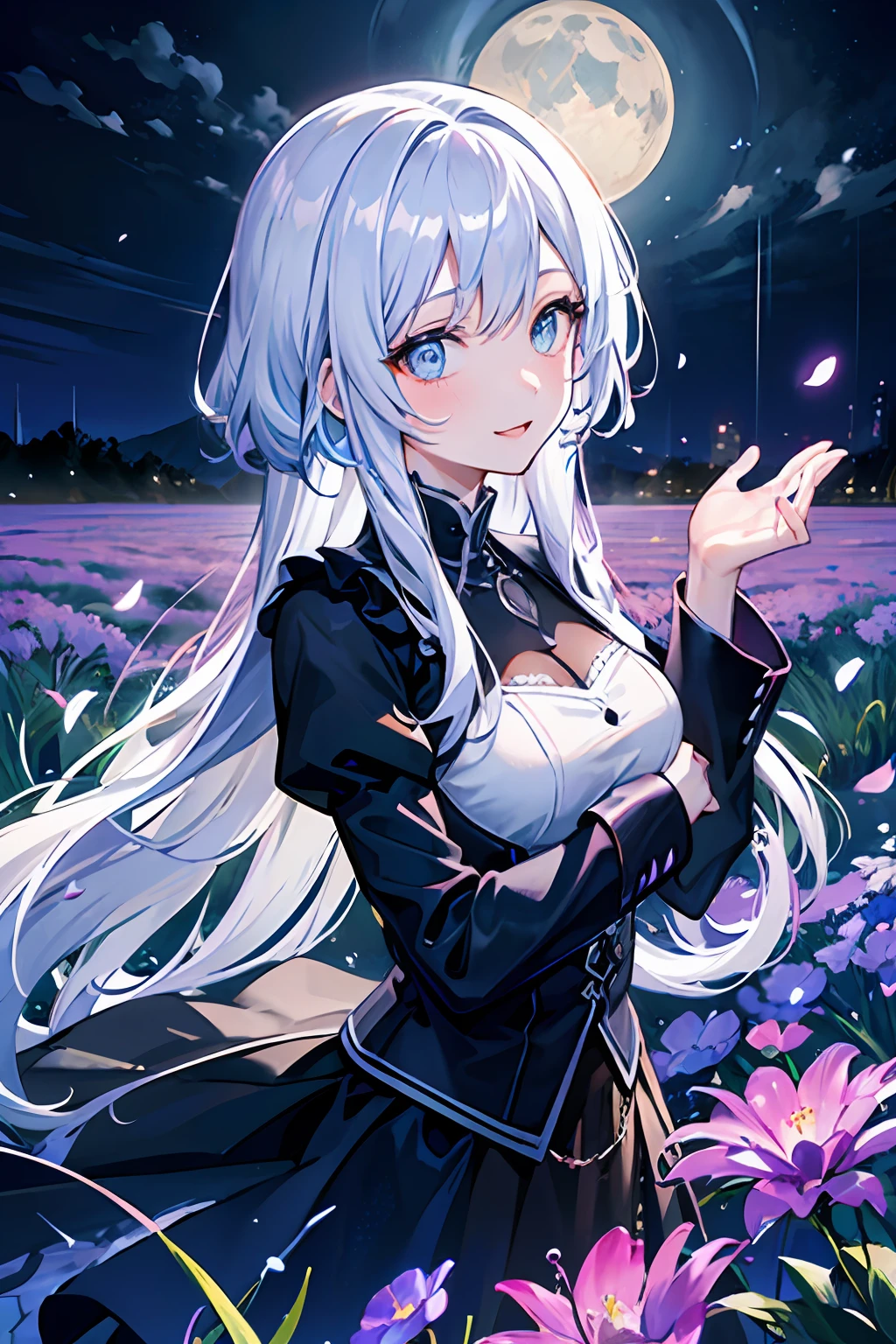 masterwork、maximum quality、high saturation、Intrincated detailed、colorful light、a 1 girl、(colorfully)、Fractal Art、(fine, beautiful eyes and detailed face)、Bust shot、extremely detailed CG Unity 8k wallpapers、white hair、独奏、Sorrisos、Complex skirts、((Flying petals)) 、Lavender flower garden、(Flower meadow) The sky、overcast sky、Wet rain、lake、moonlit night、kk、night、(Dark theme:1.3)、hikari、fantastical、colorful splashing、comets