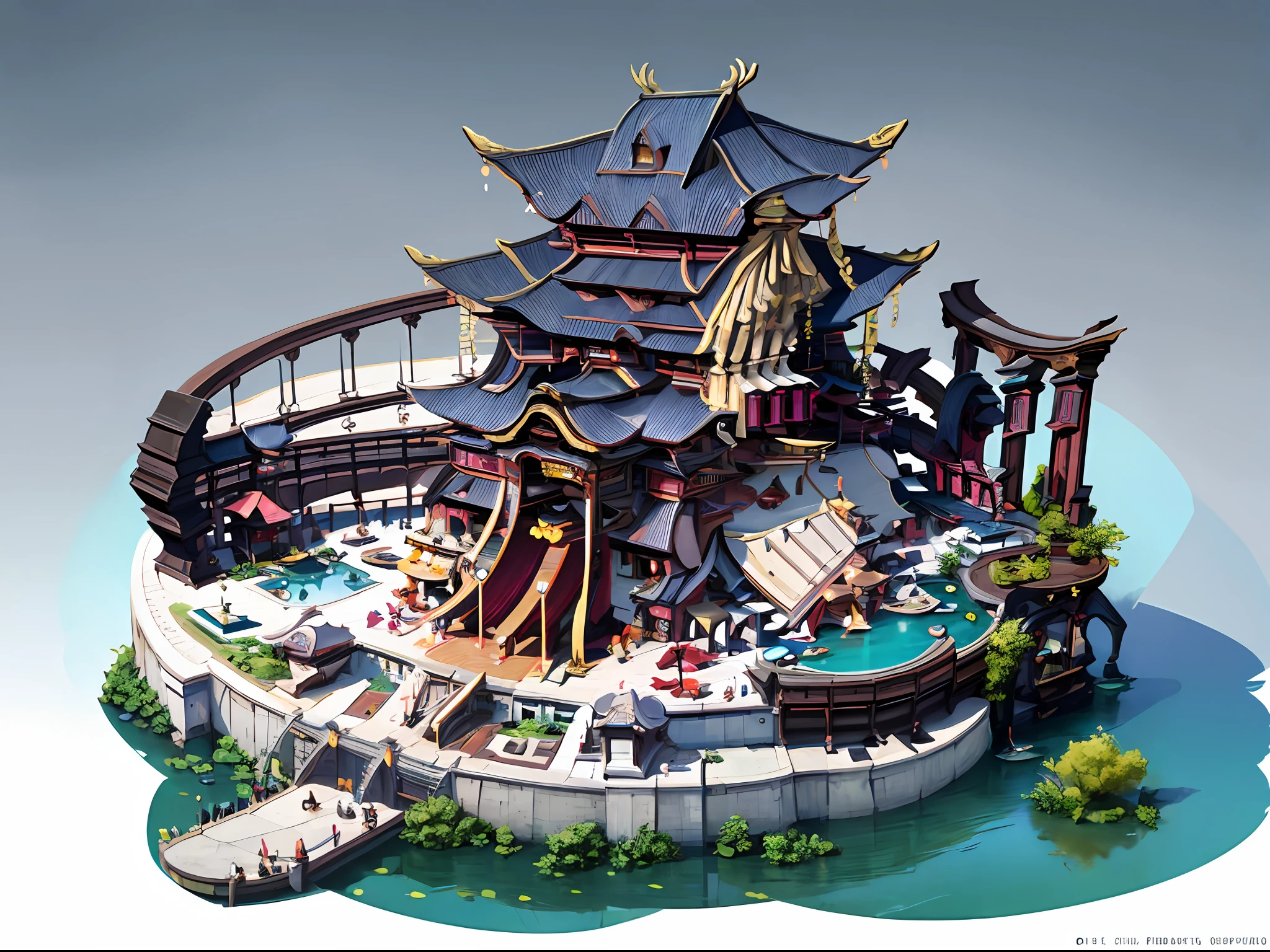 Ancient Chinese architectural design，Game Building，Ancient restaurant，Incredible design，ultra wide angle、Panorama view、viewed from bird's-eye，The colors are contrasting，Reasonable structure，Epic composition，is super detailed，insanely detaileda，Simple clean white background，（White background），Best light and shadow，3D art，C4D，OC renderer，3D rendering，extra high resolution，master-piece，Top quality，best qualiy，officlal art，dreamlike，aesthetics，Perfect art，16k