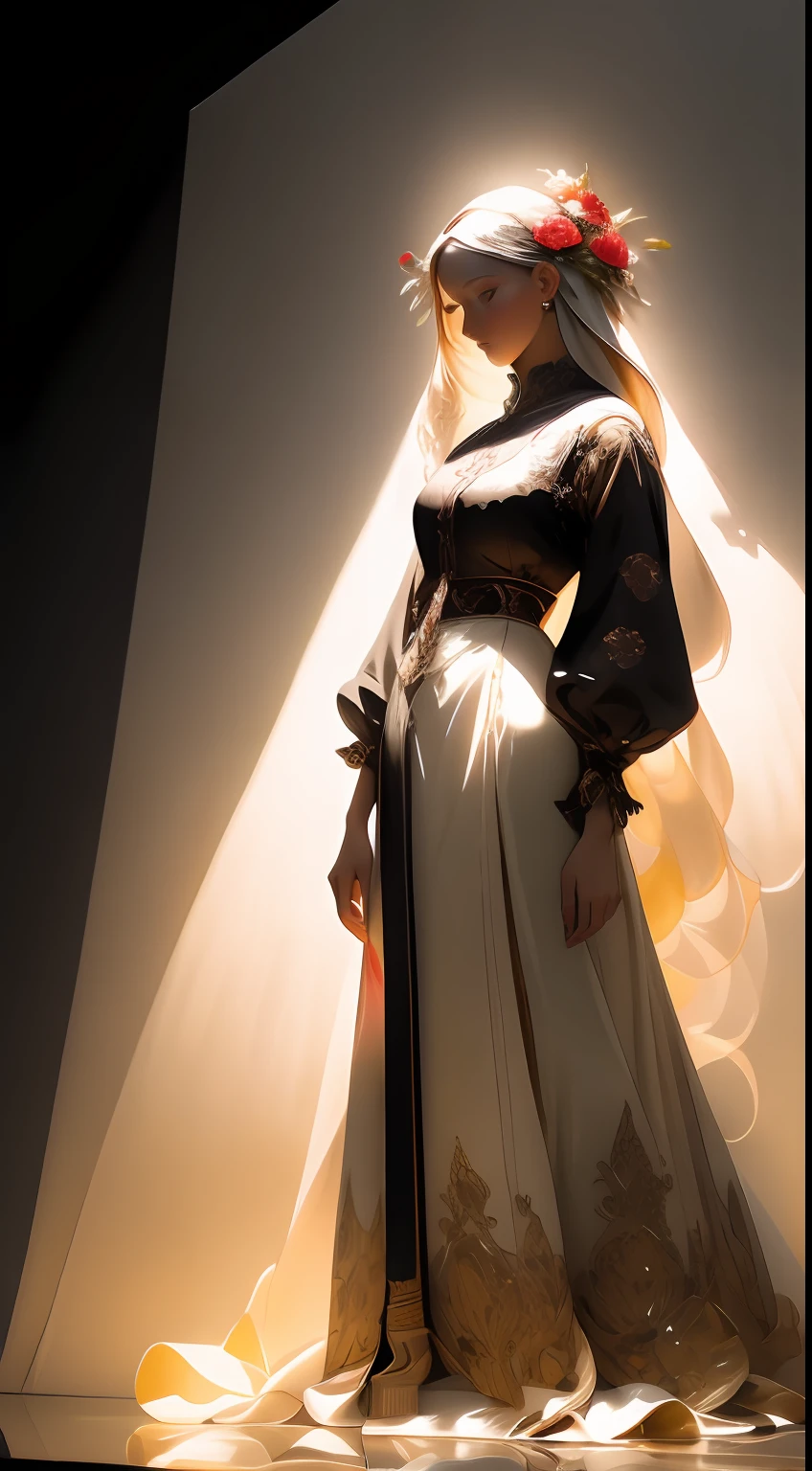 A high-resolution, full-body depiction of a captivating individual in a vertical composition. The image showcases exceptional detail, allowing viewers to appreciate every intricate element of the subject's form and attire. The composition adheres to a 9:16 aspect ratio, providing a vertical canvas for this visually stunning artwork. The lighting accentuates the subject's features, casting captivating highlights and shadows that add depth and dimension to the image. The high-resolution quality ensures that every fine detail is meticulously rendered, immersing the viewer in a lifelike experience. Whether it be the delicate folds of clothing or the intricate patterns, this artwork presents a feast for the eyes.