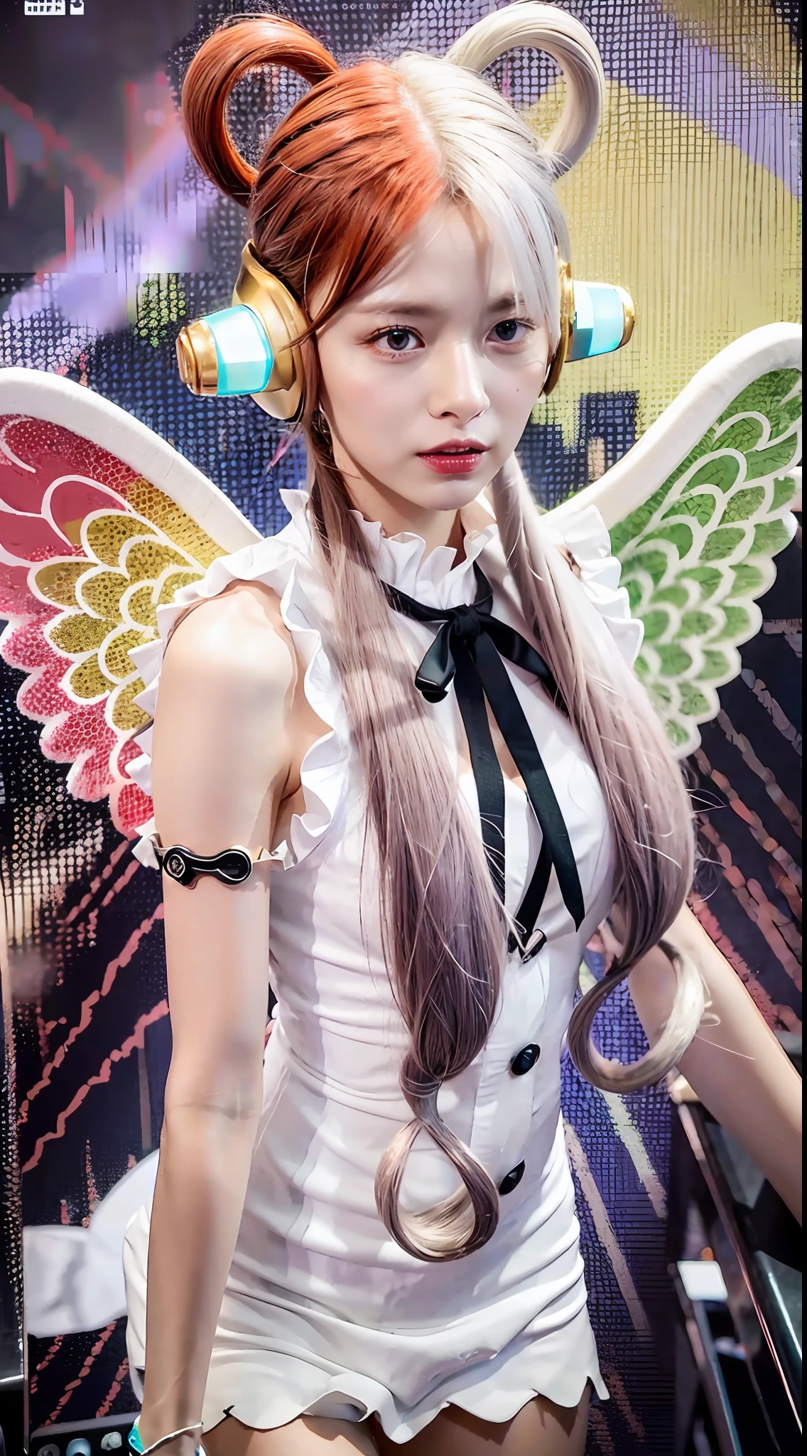 masterwork, maximum quality, Highresolution, 1girls, split-color hair, Hair above one eye, (red hairs:1.2), multicolored hair, slong hair, purple eyes, Hair Ring, White dress, headphones, (White hair:1.2), Black ribbon, Bangs, sleeveless, mid chest, Angel wings、chicken、all-body、