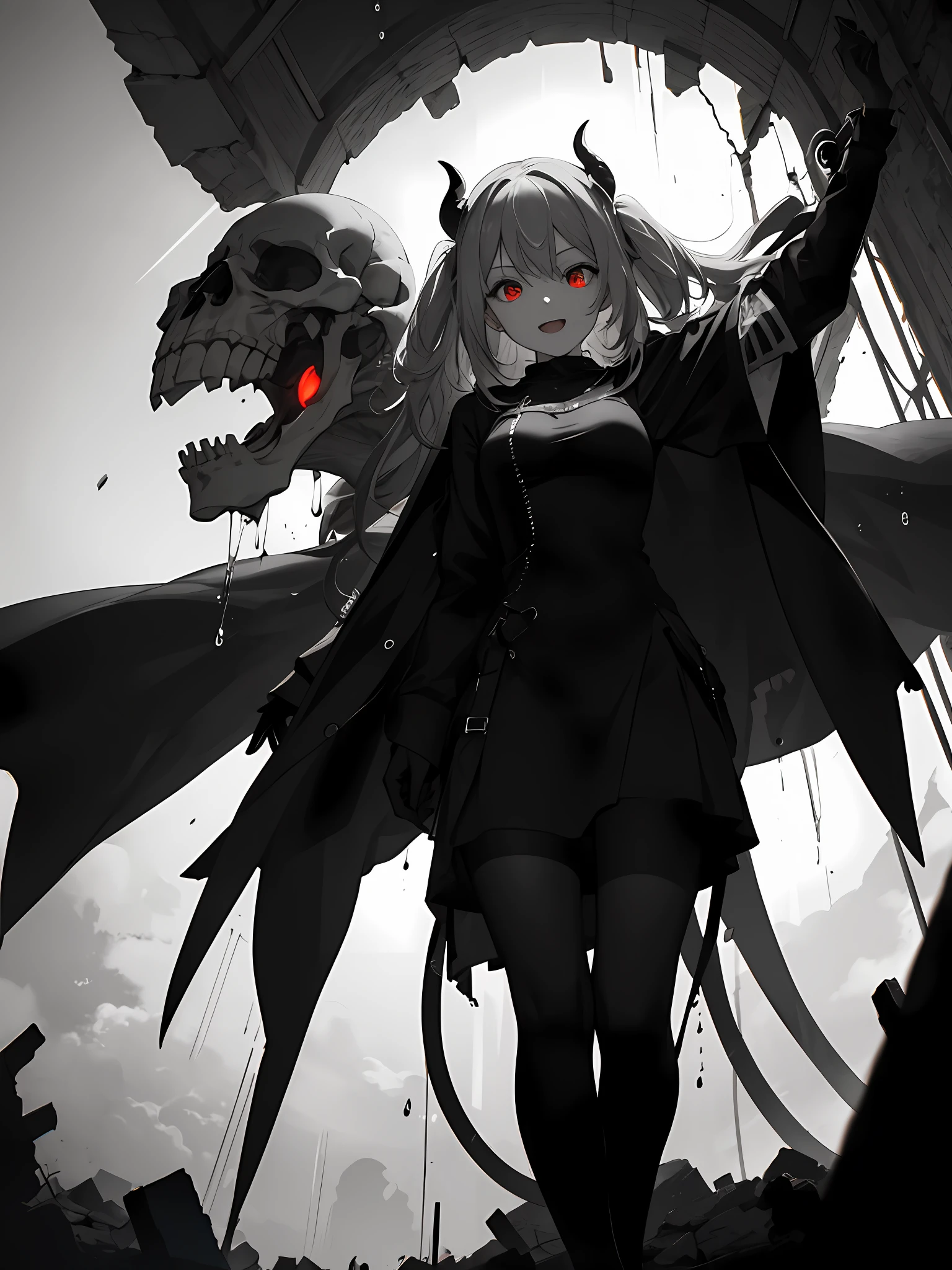 masterpiece,best quality,1girl,monochrome,in ruins,shaded face,glowing red eyes,looking at viewer,tilting head,turning head,rain,skeletons,blood,cruel,:d,standing on top of mountain,portrait,arms crossed,from below,absolute realm,skindentation,corpses,demon followers in the background