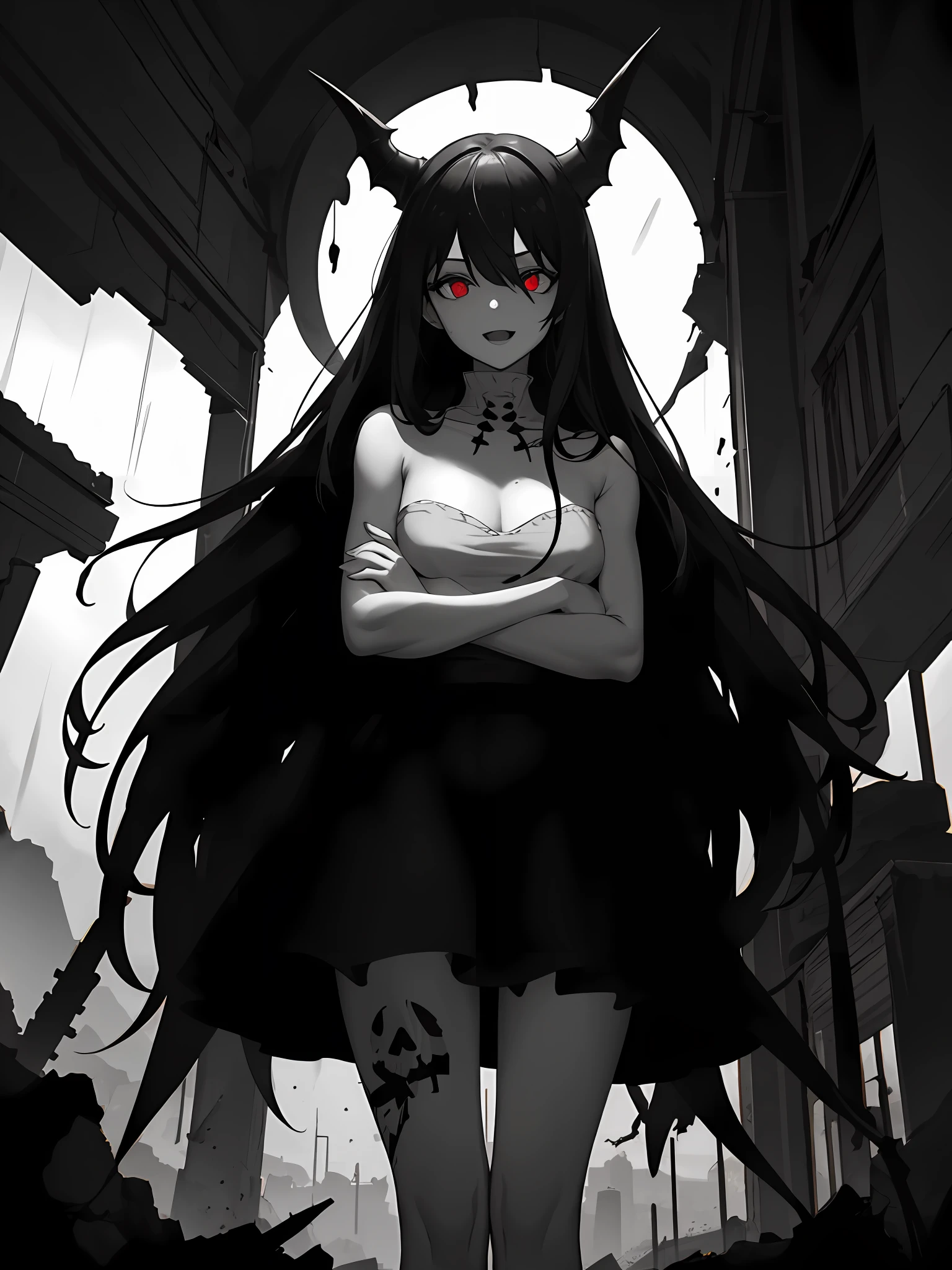 masterpiece,best quality,1girl,monochrome,in ruins,shaded face,glowing red eyes,looking at viewer,tilting head,turning head,rain,skeletons,blood,cruel,:d,standing on top of mountain,portrait,arms crossed,from below,absolute realm,skindentation,corpses,demon followers in the background