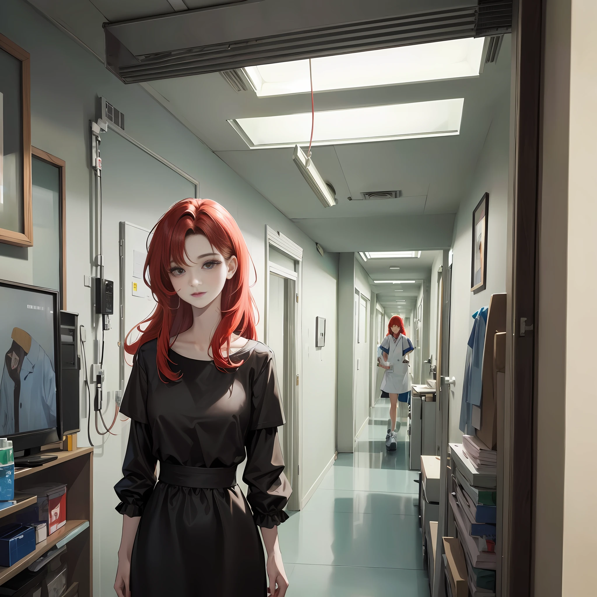 Perfect face，Mature beauty，Middle-aged woman，Redhead，Messy hair，slanted bangs，slong hair，Wear a black dress， Pale skin，Official fine art，master-piece，Lifelike，hyper detailed，hospital，inside room,1 person，hospital，hospital