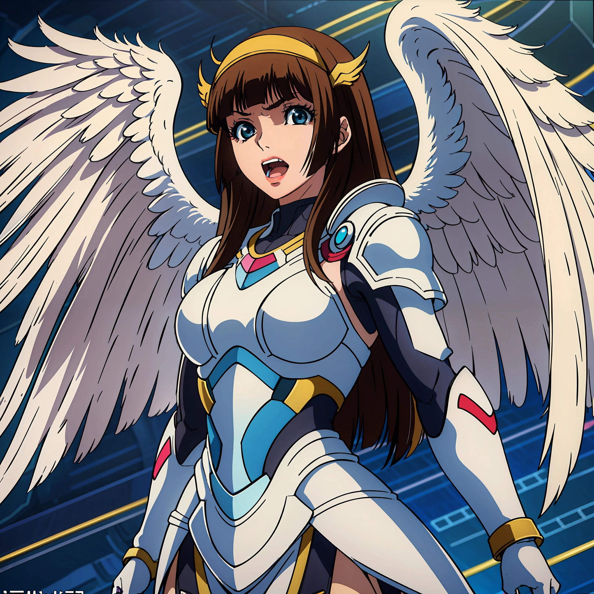 Ojos marrones hermosos, 17-year-old, White futuristic battle armor with angel wings, llorando de felicidad, cubierta de raspones, figura esbelta