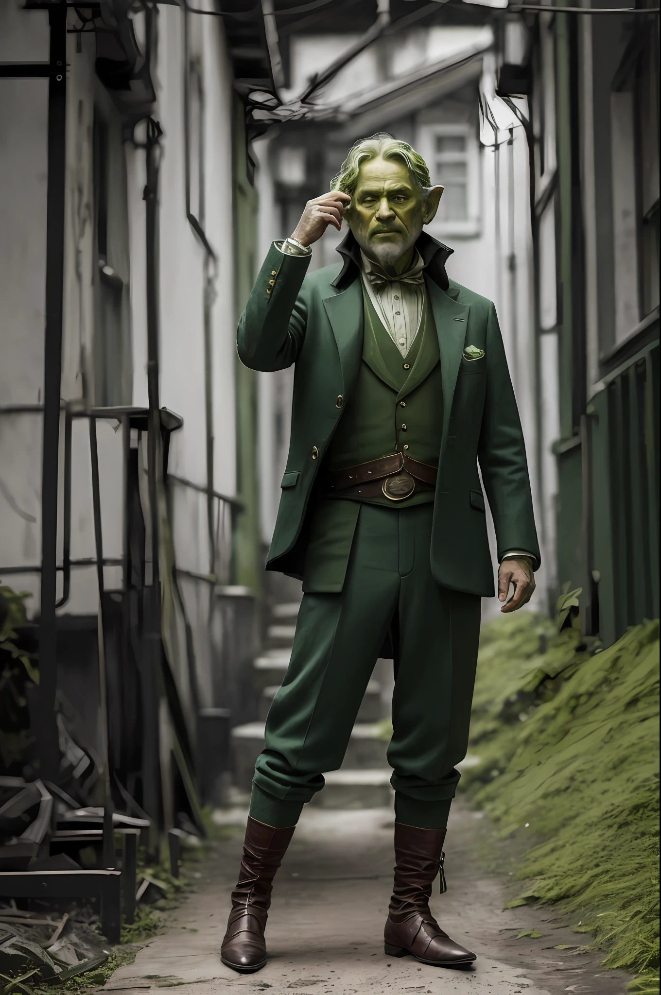 (16k, foto RAW, melhor qualidade, obra-prima: 1.2), ultra-detalhado, arte formal, foto realismo: 1.37, foto do corpo inteiro, (homem, beleza ,(Duende verde)film grain, villain action pose ((Duende verde))detalhes