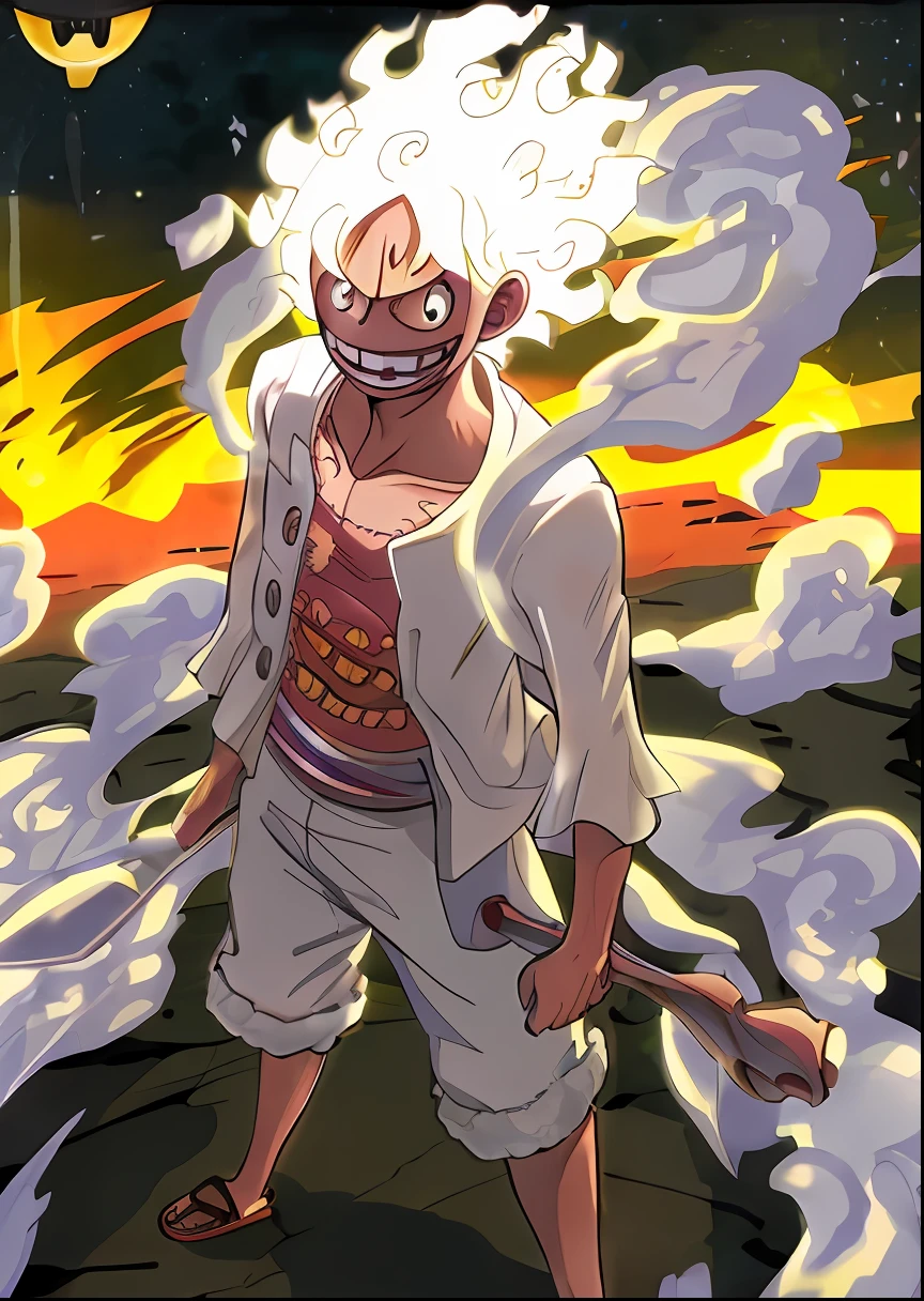 a cartoon of a man with a white hair and a white jacket, from one piece, officlal art, luffy gear 5, one piece artstyle, inspired by Eiichiro Oda, Eiichiro Oda style, monkey d luffy, afro samurai manga style, afro samurai anime style, monkey d. luffy, luffy, luffy (One Piece, afro samurai animes style --auto