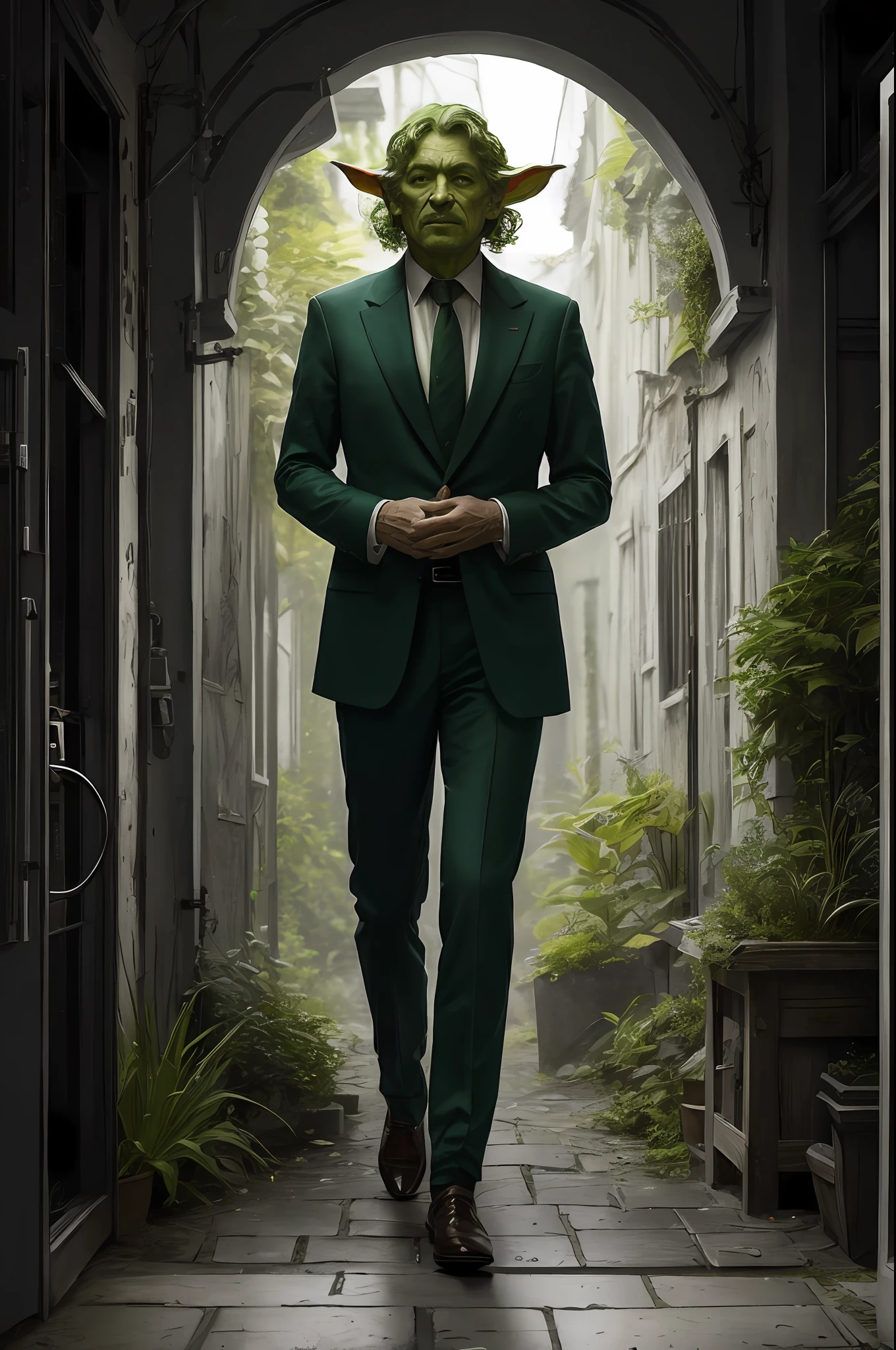(16k, foto RAW, melhor qualidade, obra-prima: 1.2), ultra-detalhado, arte formal, foto realismo: 1.37, foto do corpo inteiro, (homem, beleza ,(Duende verde)film grain, villain action pose ((Duende verde))detalhes