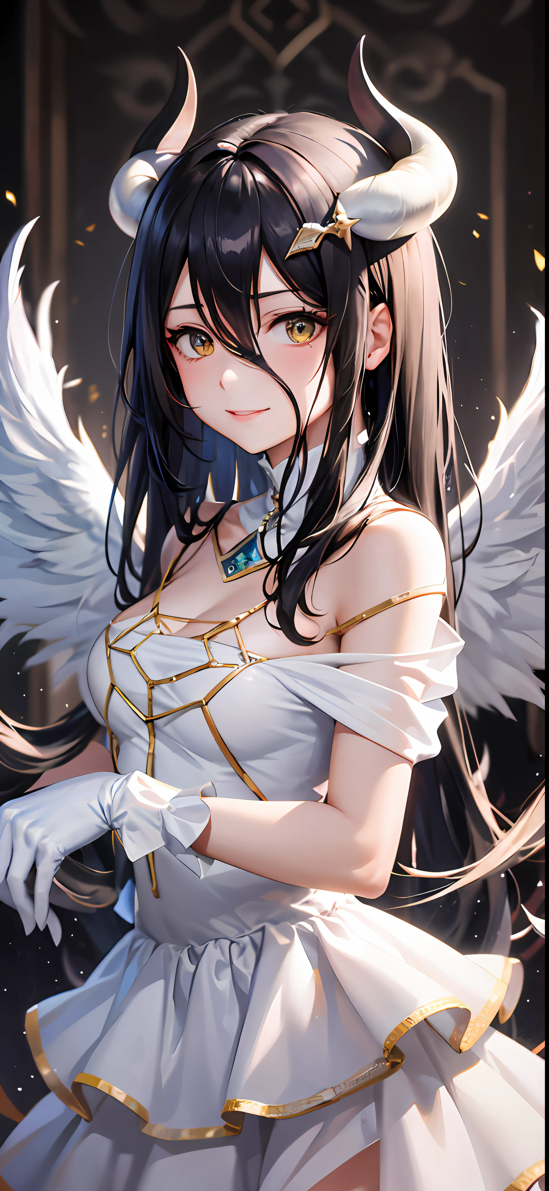 Meisterwerk, best qualit, high res, al1, demon horns, geschlitzte Pupillen, white gloves, white dress, nackte Schultern, Abnehmbarer Kragen, Spaltung, black wings, feathered wings, low wings, Cowboy erschossen, stehend, Verlies, evil smile, Die Hand ausstrecken, Ausgebreitete Arme, ausgestreckte Arme,