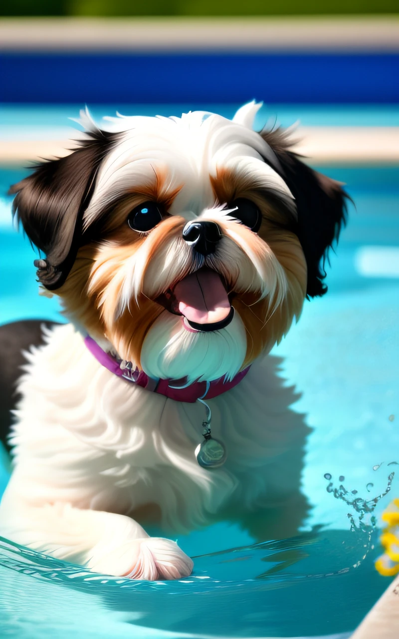 hyper Quality,Cute two Shih Tzu puppies,different body colors,swimming in the pool,smile,black eyes,barking,narrow eyes,smile,eos r3 28mm --auto