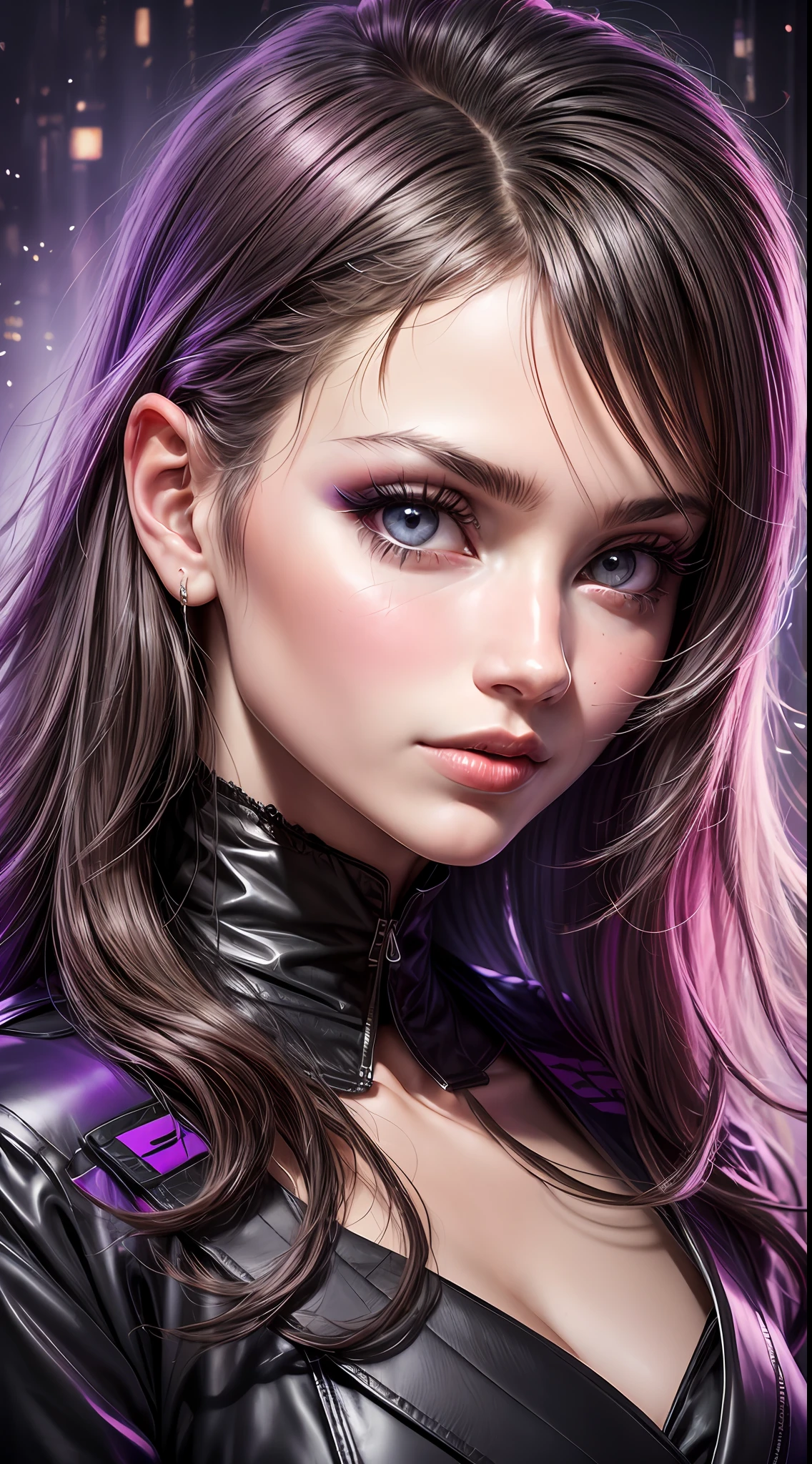 Aproxime-se de uma jovem jovem europeia, seus cabelos pretos lustrosos em cascata elegantemente logo abaixo de seus ombros, his violet eyes capturing his attention with his captivating gaze, um nariz pequeno adicionando um toque de charme ao seu rosto, her lips adorned with a rich, seductive shade of purple lipstick, brincos deliciosos em prata brilhando na luz, She is dressed in an elegant work suit that perfectly accentuates her professional demeanor, the image taken with a high-performance camera in an aspect ratio of 9:16, the portrait so true to life that you can almost feel the texture of his skin, Pintura, executed with oil colors on a smooth canvas, Using fine brushes to capture every intricate detail