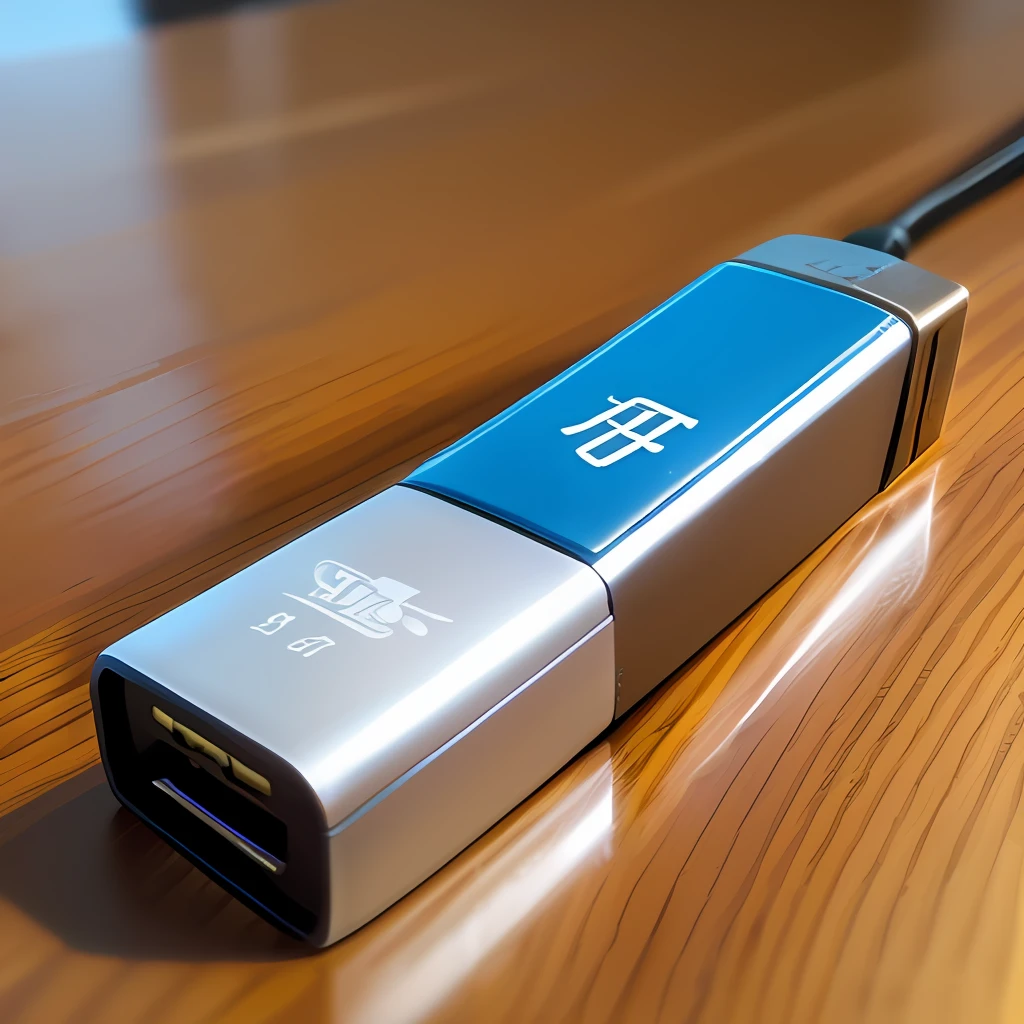 There is only one USB stick on the table,Do not appear on the USB flash drive, such as text symbols,A little decoration on the table,Give this USB stick a close-up,Overall bright style。