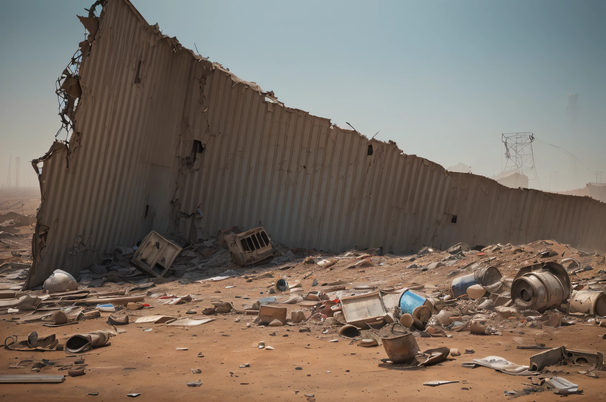 ((photo)), ((best quality)), ((masterpiece)), ((detailed)), ((cinematic), ((captured from eye level)), an apocalyptic wasteland backdrop, with random metal junk and debris and a dust storm background, a large damaged curved metal wall structure is prominent in the center.