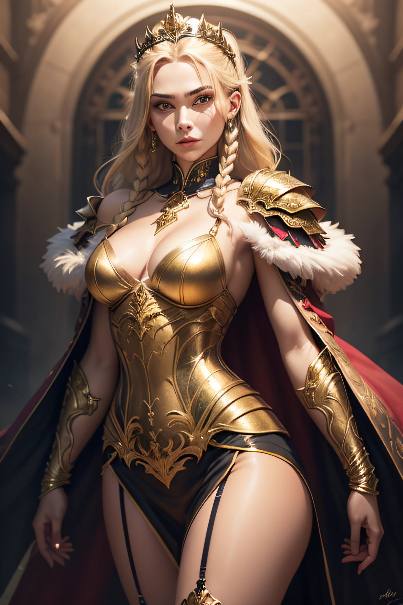Blonde haired woman with braids, (medieval punk green neckline armor). Bright chrome gold lingerie with sharp reflections. Gems. Bare shoulders. (tiara). Low muscle definition. Beautiful legs. Bare shoulders visible. Detailed lighting. Artwork. Extreme beauty. Clothing with intense colored gradient effect. Professional image with high saturation. Professional camera. Illustration. Vibrant colors. vibrant yellow eyes, thin, fur cape, bright golden eyes, symmetry, intense look, black details on clothes, golden aura