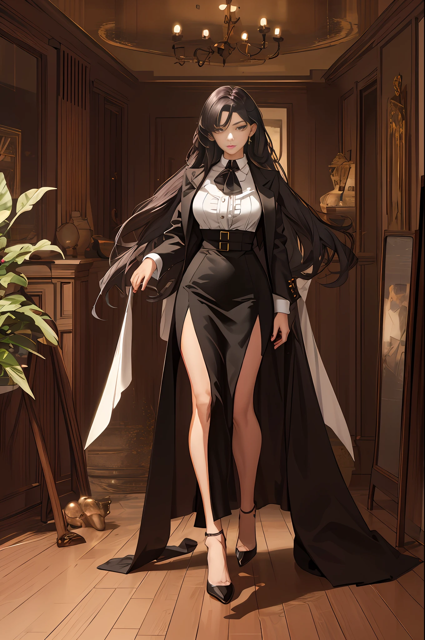 （master-piece），A luxurious fashion show （best qualiy），Sexy female boss，Detailed facial details，sexy outfit （detailded），Luxury scene， （high resolutions）， NPZW， （charachter）， all-body， cwoman， Bedoup， Wear a collared shirt， Pencil skirt，  slong hair， full body detailing